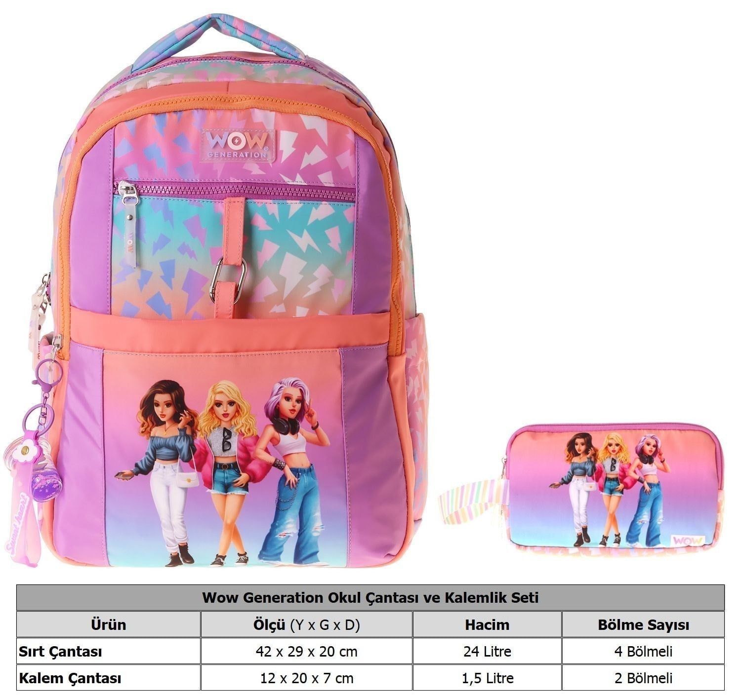 Wow Generation Shine Kız Çocuk (Turuncu - Mor) İlkokul Okul Çantası ve Kalemlik Seti - SETWG-W6090C