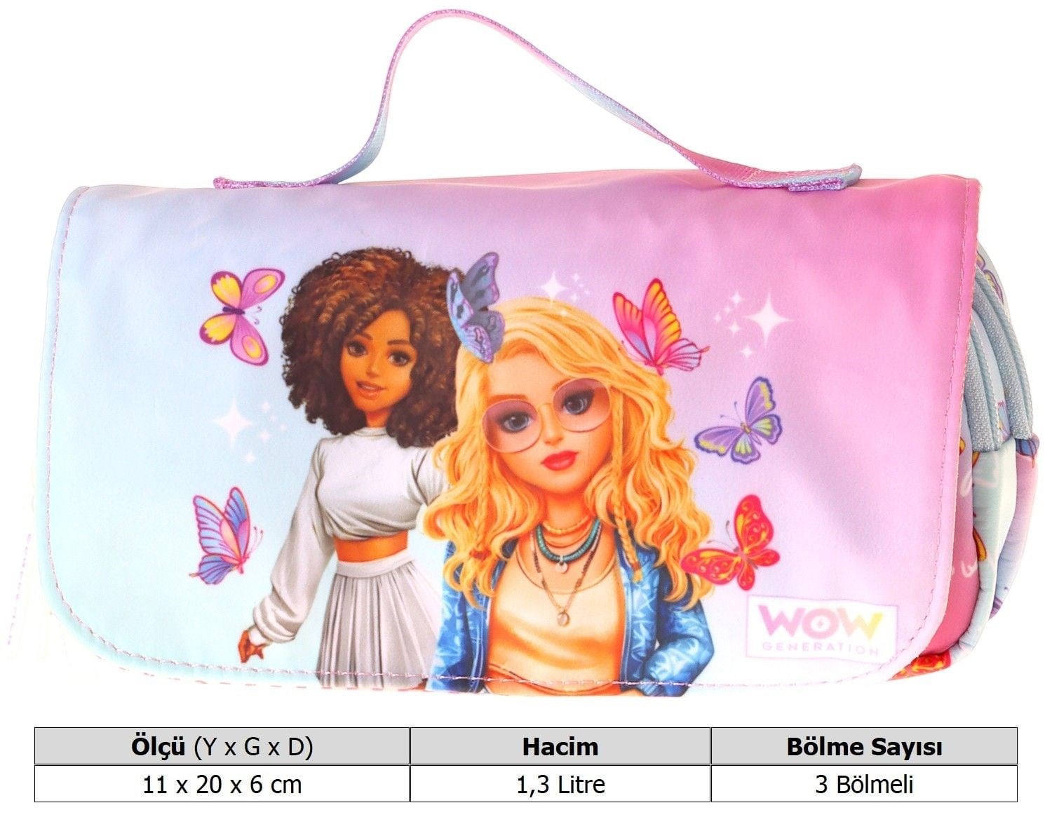 Wow Generation Taşıma Askılı Kız Çocuk Butterfly Baskılı Şık Kalem Çantası (Turkuaz - Pembe) - W6077