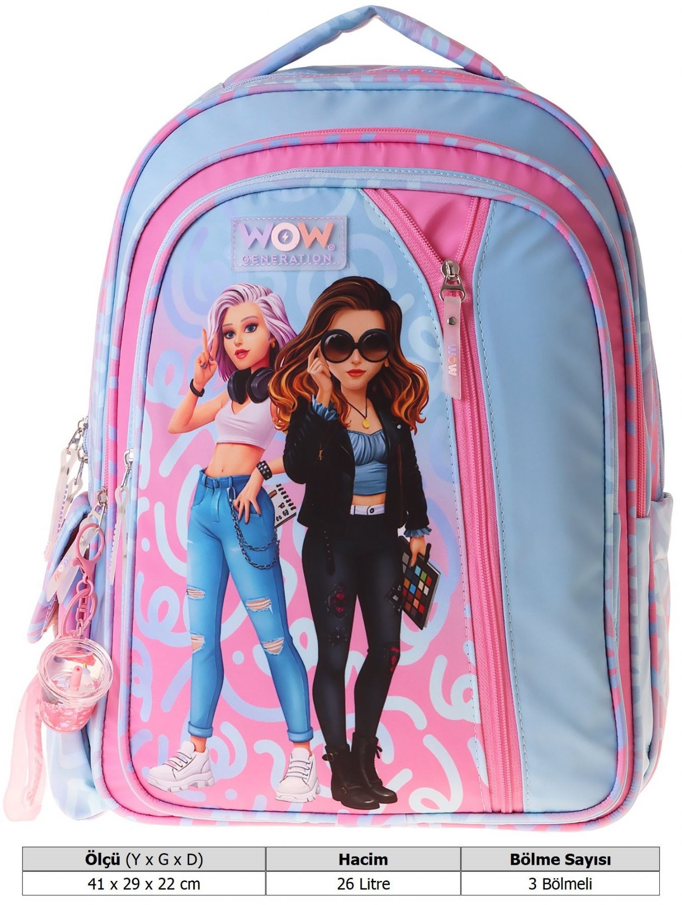 Wow Generation Üç Bölmeli Wonderful Baskılı Kız Çocuk İlkokul ve Günlük Okul Sırt Çantası - W6069
