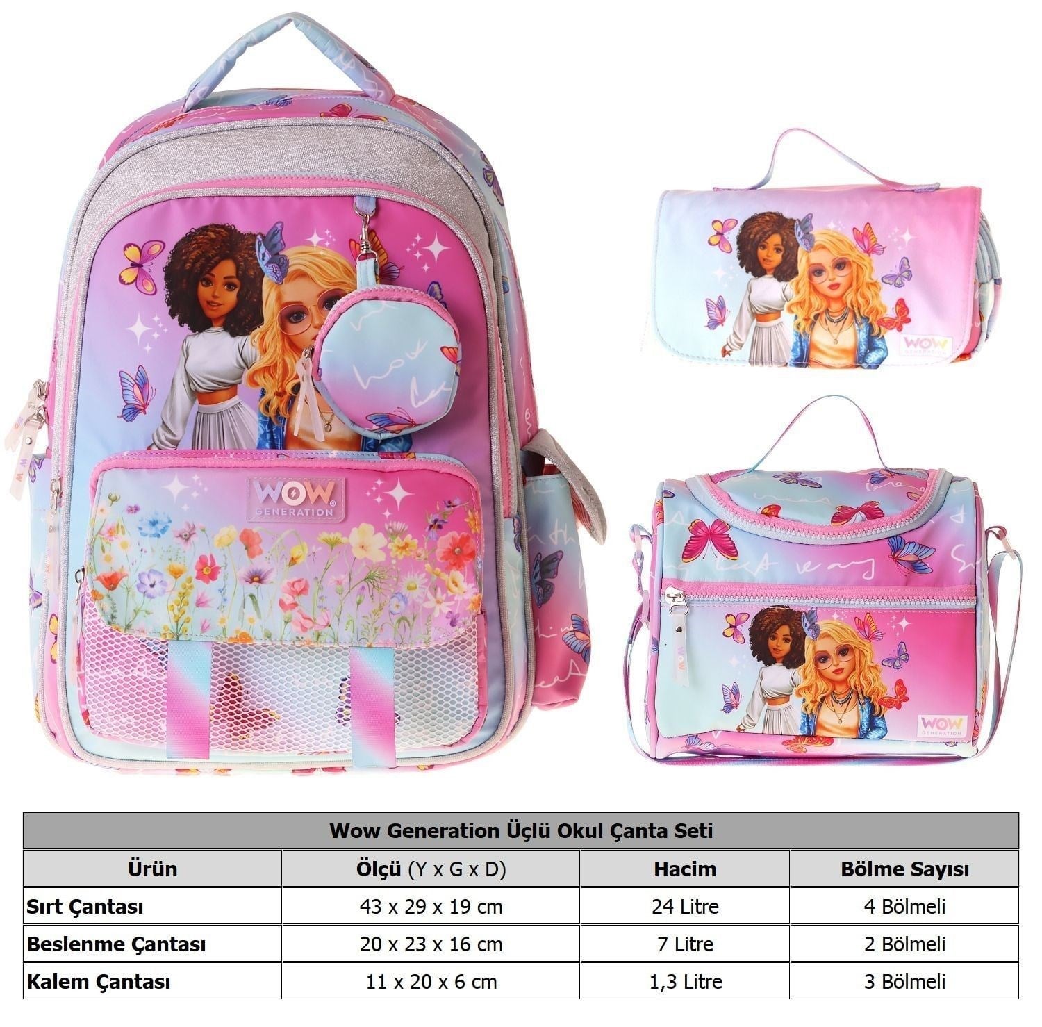 Wow Generation Üçlü İlkokul Okul Çanta Seti - Turkuaz - Pembe - Butterfly Baskılı - Kız Çocuk - SETWG-W6074A