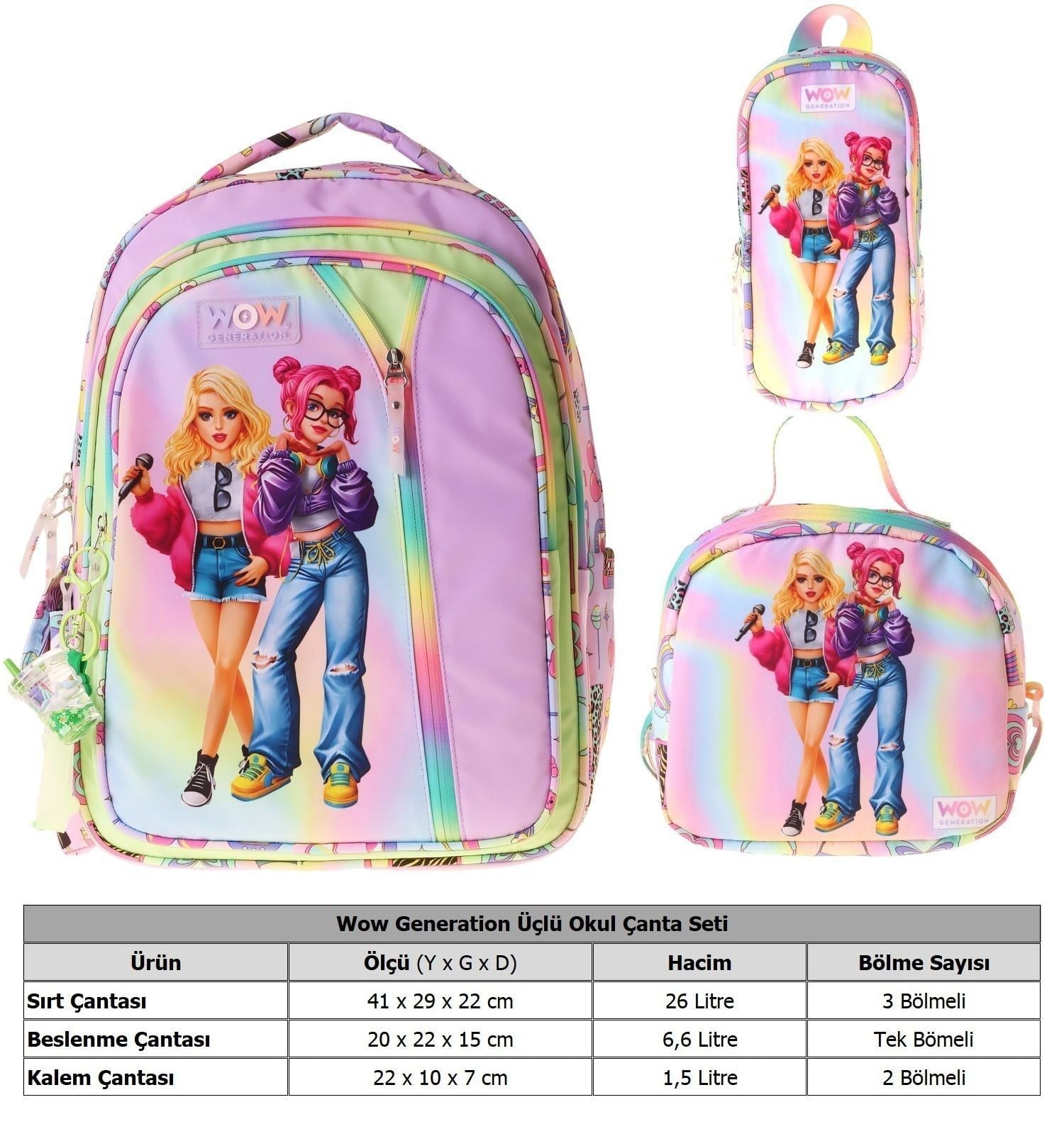 Wow Generation Üçlü İlkokul Okul Çanta Seti - Çok Renkli - Sound Baskılı - Kız Çocuk - SETWG-W6064A