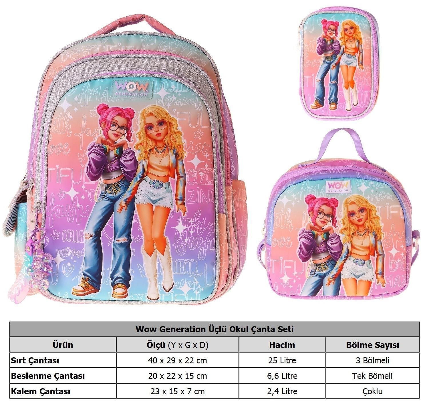 Wow Generation Üçlü İlkokul Okul Çanta Seti - Pembe - Mor - Star Desenli - Kız Çocuk - SETWG-W6033A