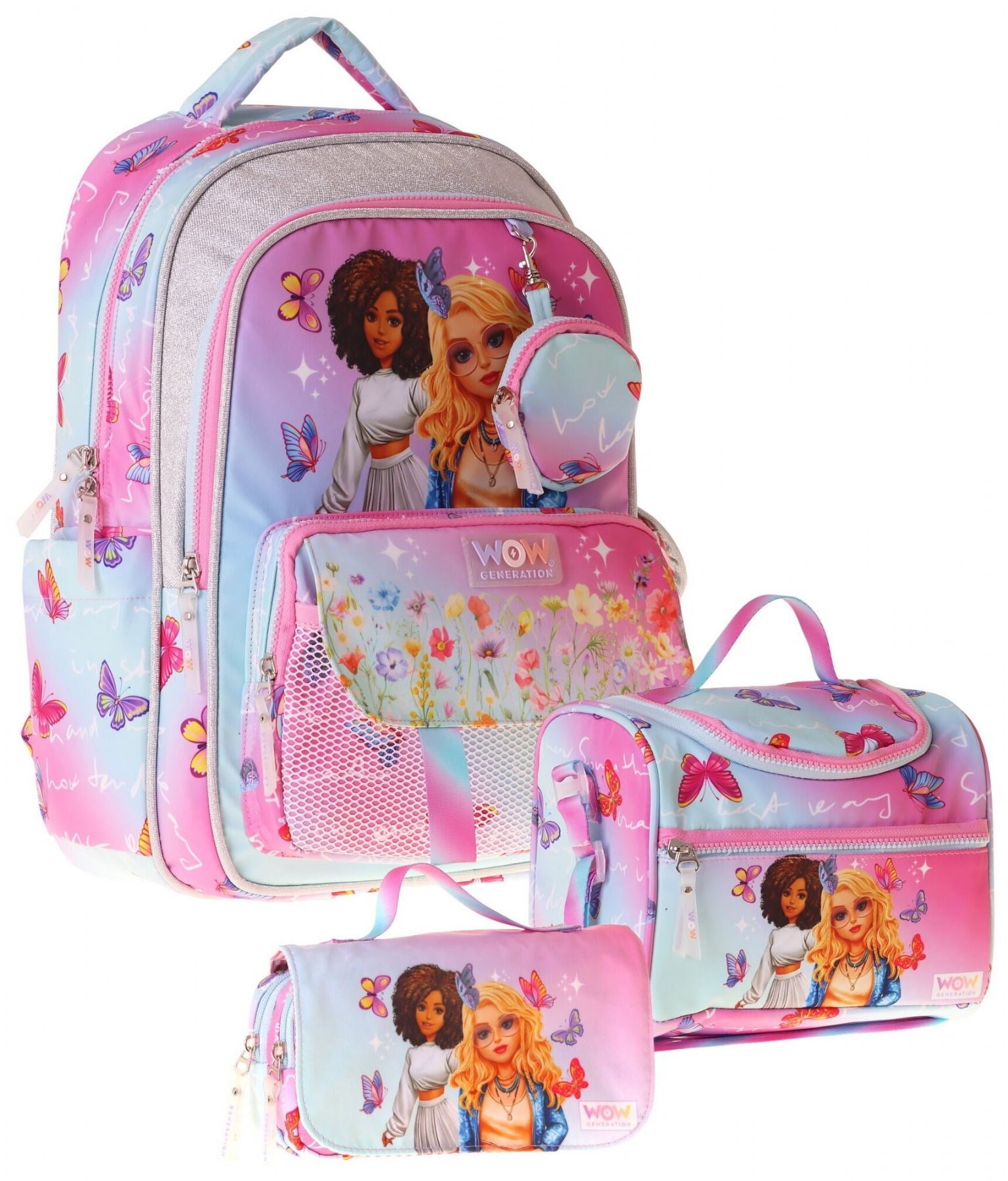 Wow Generation Üçlü İlkokul Okul Çanta Seti - Turkuaz - Pembe - Butterfly Baskılı - Kız Çocuk - SETWG-W6074A