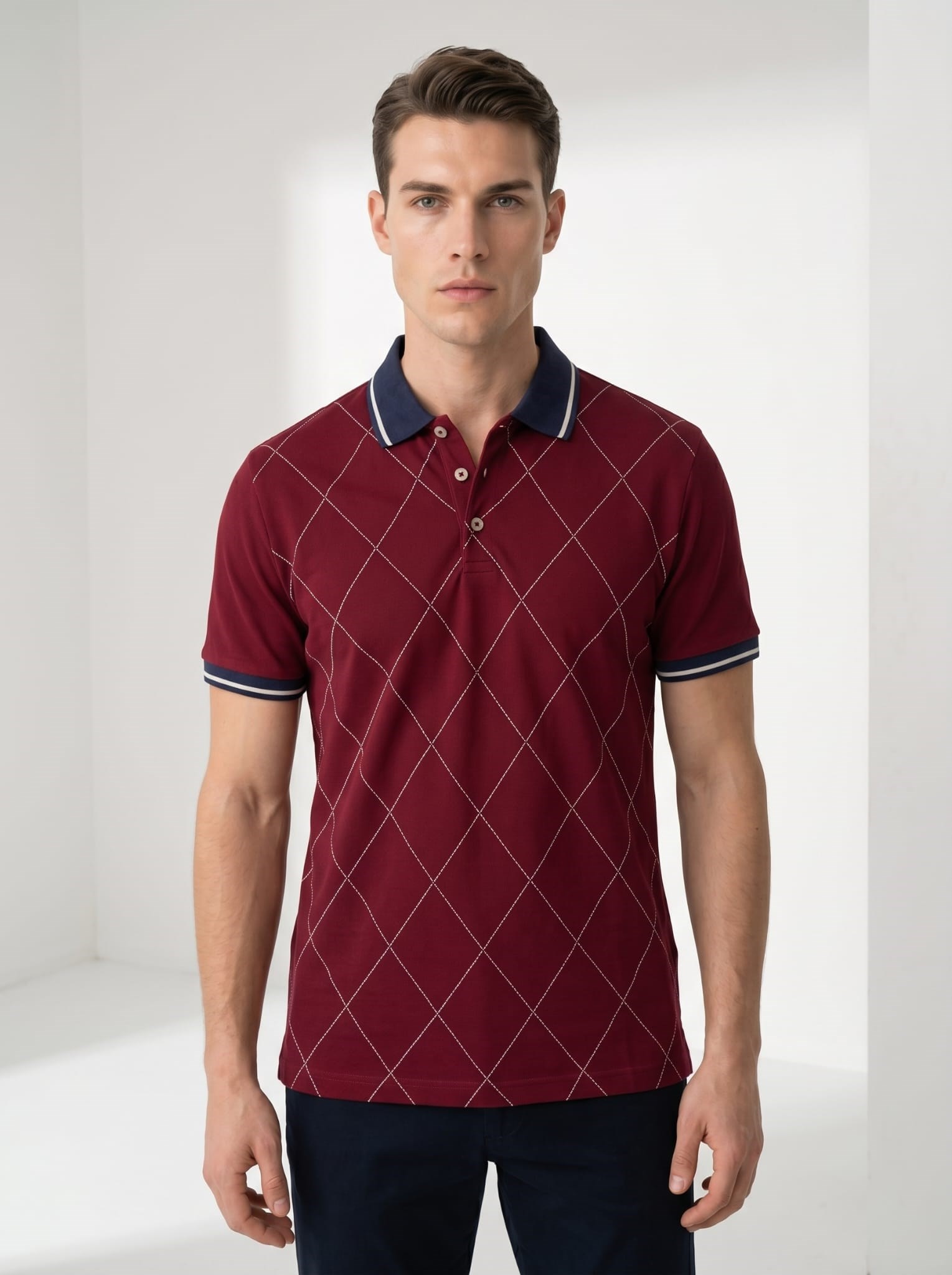 Erkek Baklava Desenli Polo Yaka Tshirt Bordo
