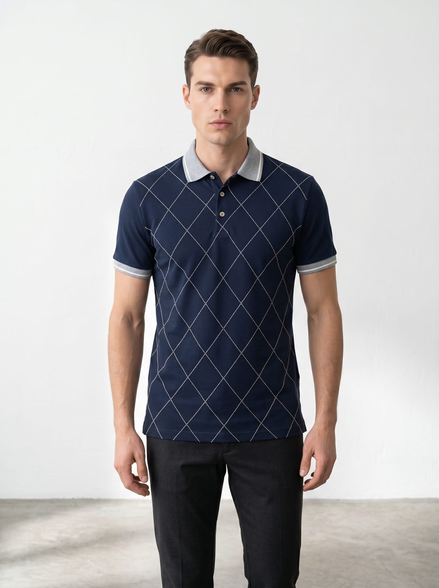 Erkek Baklava Desenli Polo Yaka Tshirt Lacivert