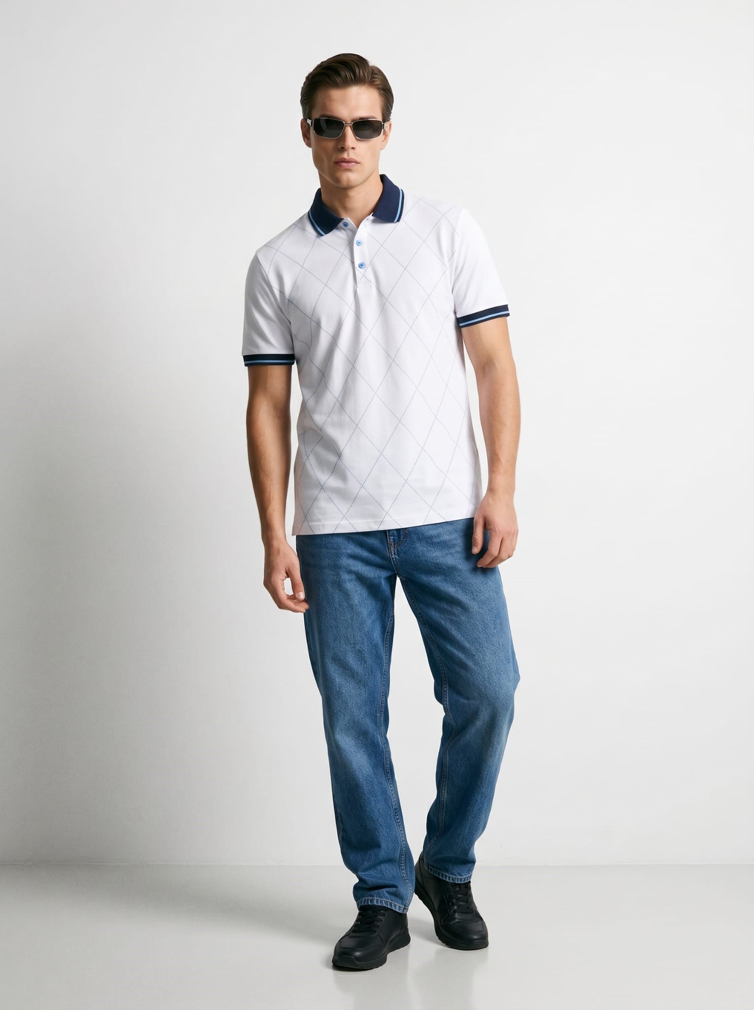 Erkek Baklava Desenli Polo Yaka Tshirt Beyaz