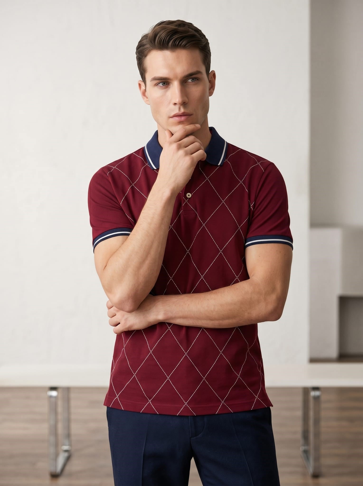 Erkek Baklava Desenli Polo Yaka Tshirt Bordo
