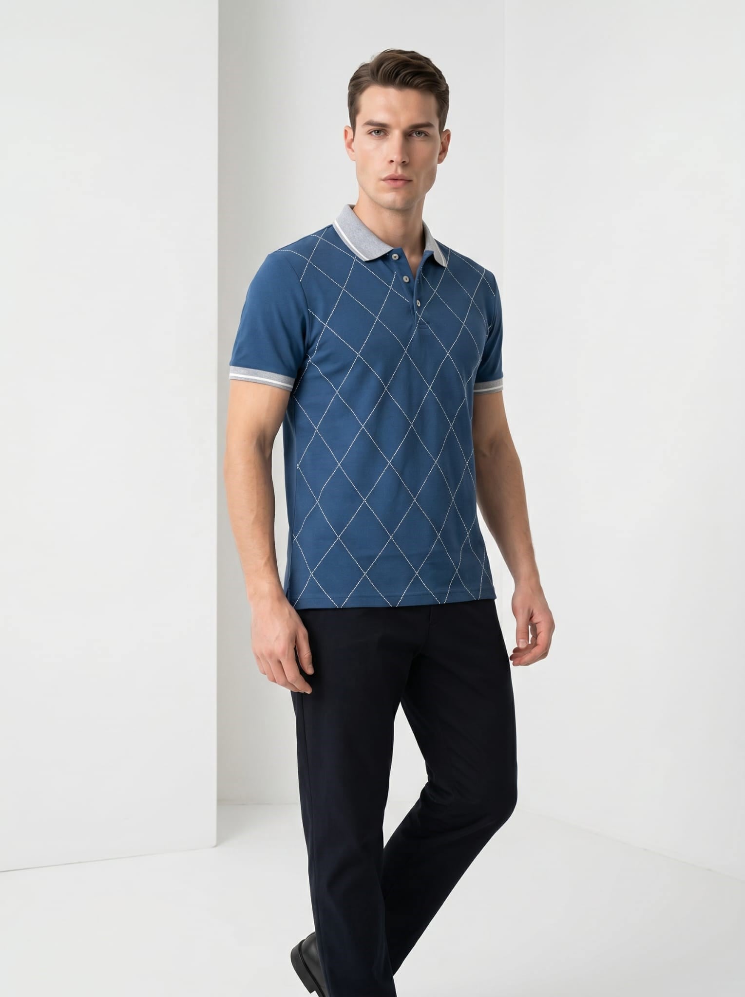 Erkek Baklava Desenli Polo Yaka Tshirt Petrol