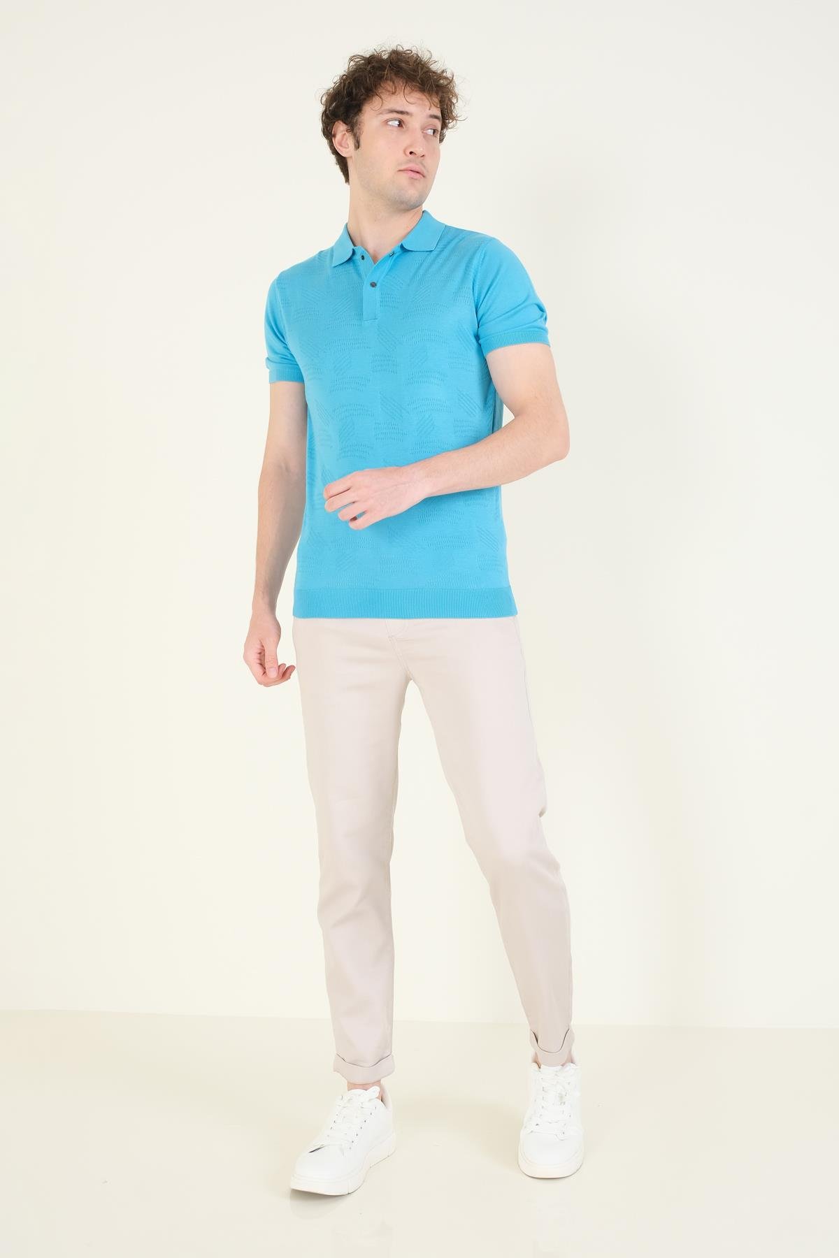 Erkek Çıtçıtlı Desenli Polo Yaka Merserize T-Shirt Mavi