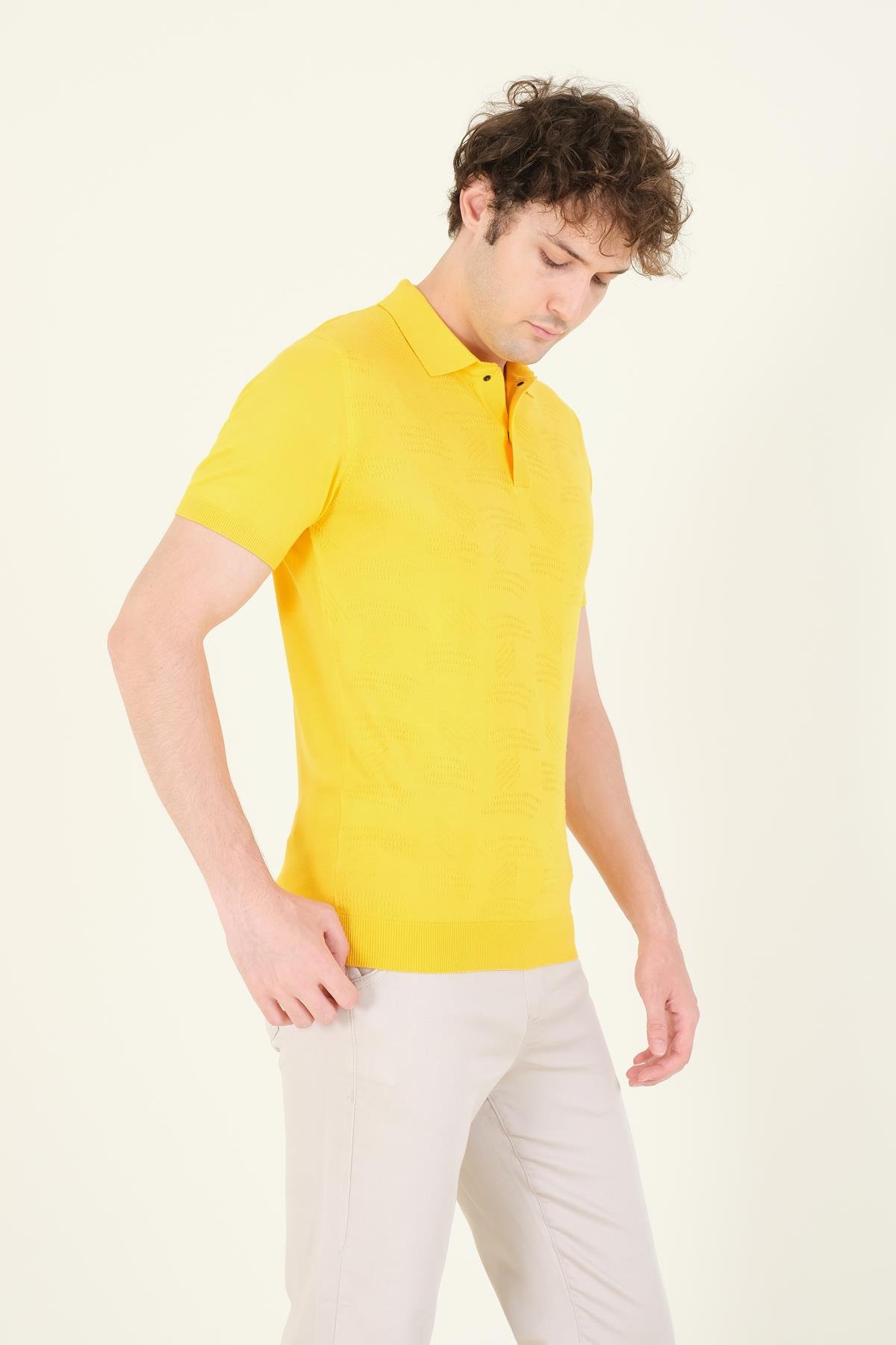 Erkek Çıtçıtlı Desenli Polo Yaka Merserize T-Shirt Sarı