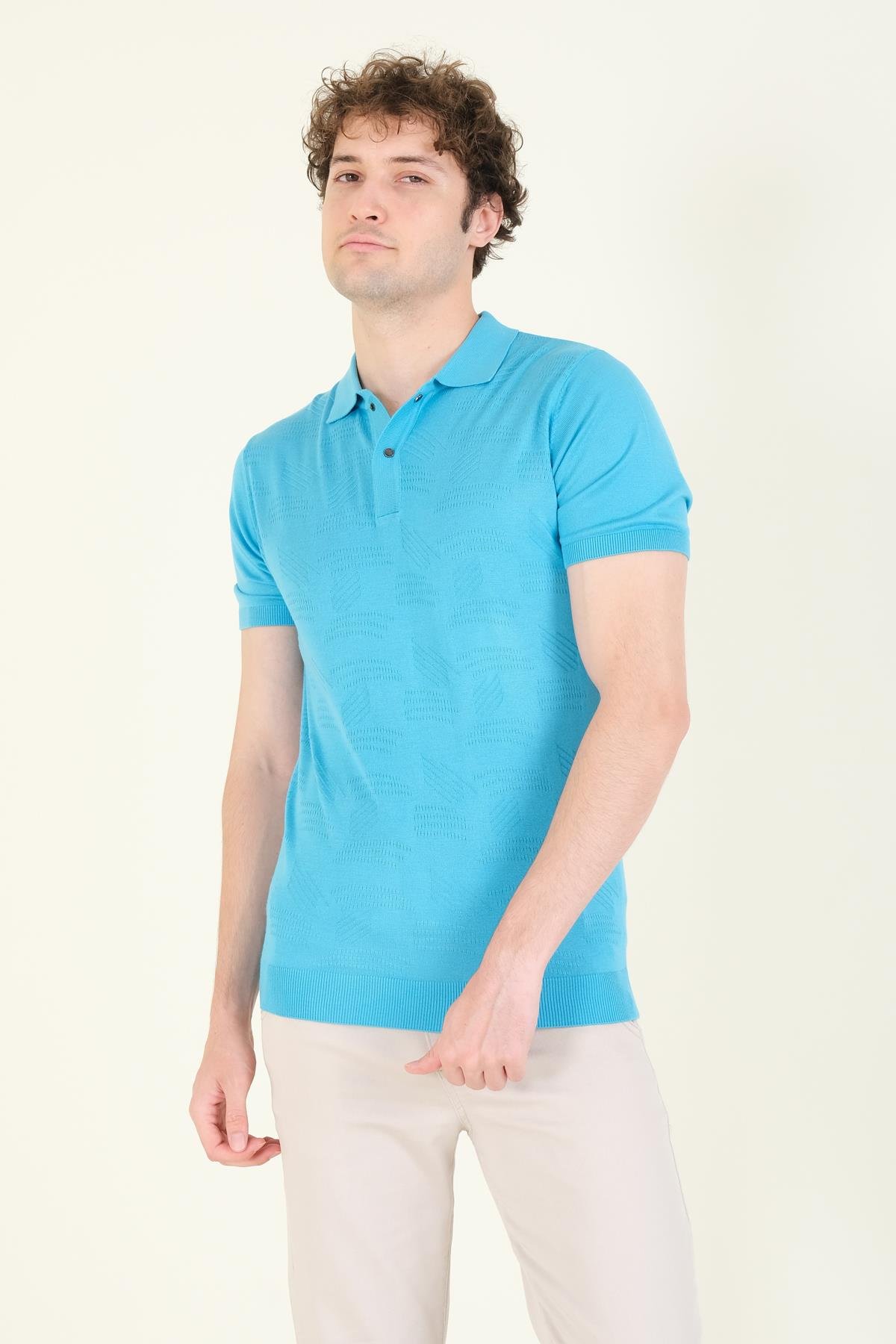 Erkek Çıtçıtlı Desenli Polo Yaka Merserize T-Shirt Mavi