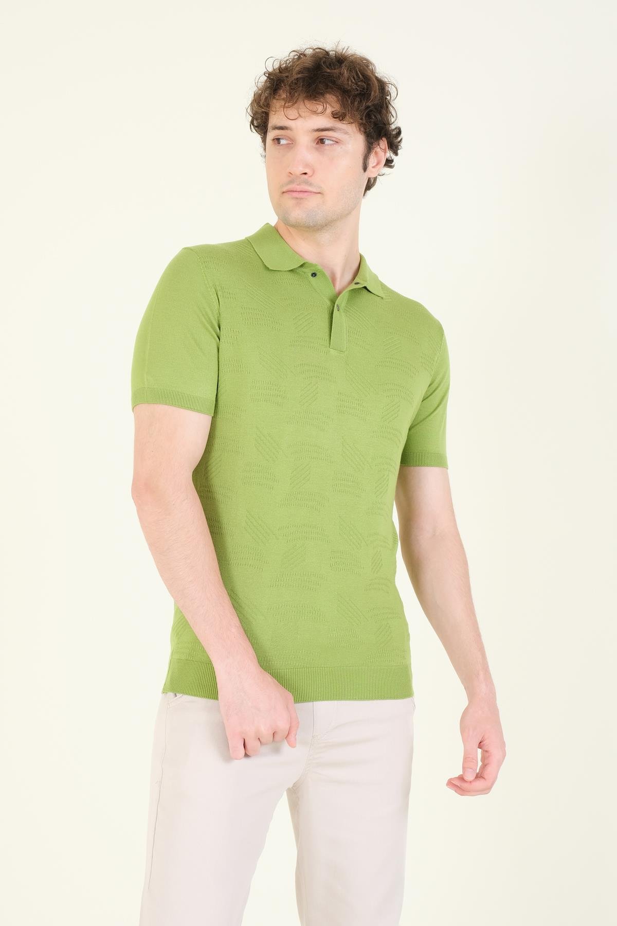Erkek Çıtçıtlı Desenli Polo Yaka Merserize T-Shirt Yeşil