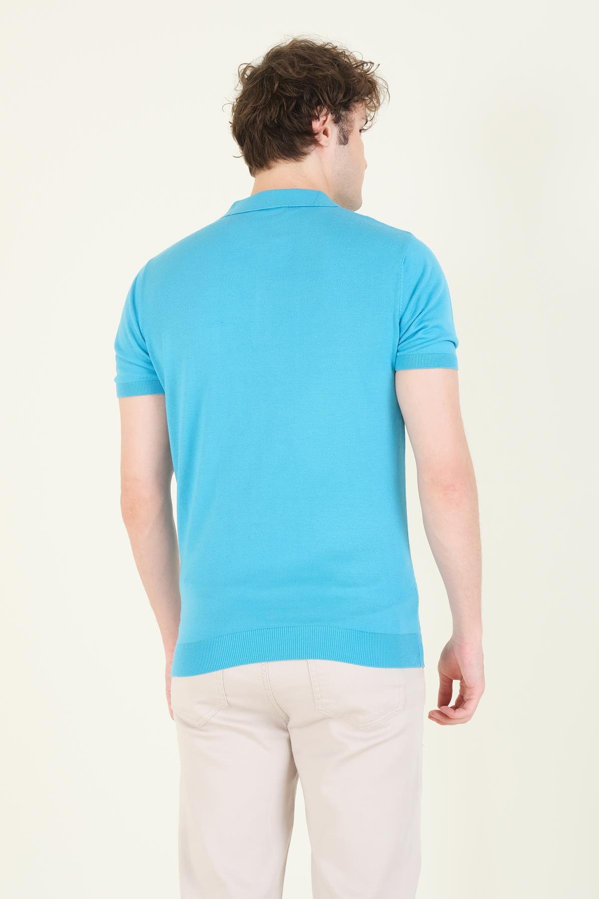 Erkek Çıtçıtlı Desenli Polo Yaka Merserize T-Shirt Mavi