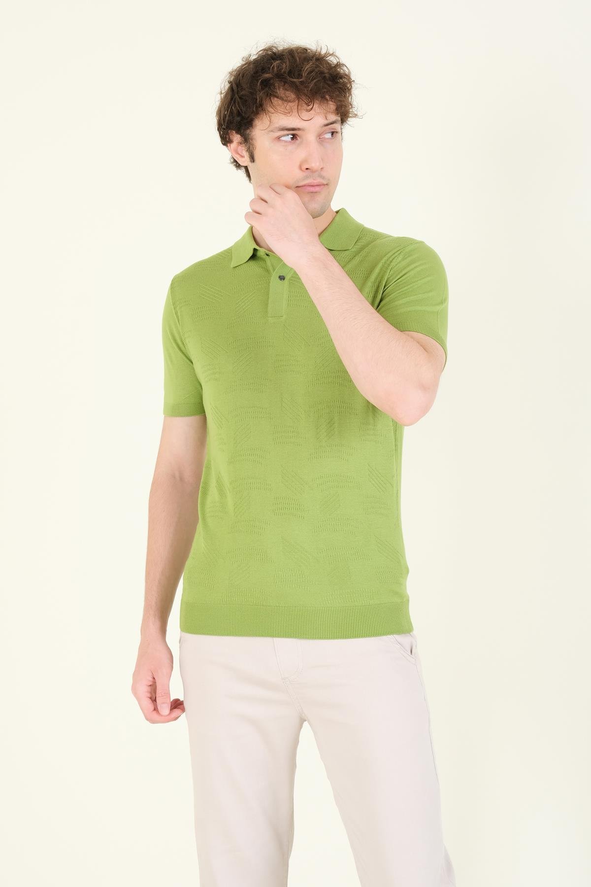 Erkek Çıtçıtlı Desenli Polo Yaka Merserize T-Shirt Yeşil