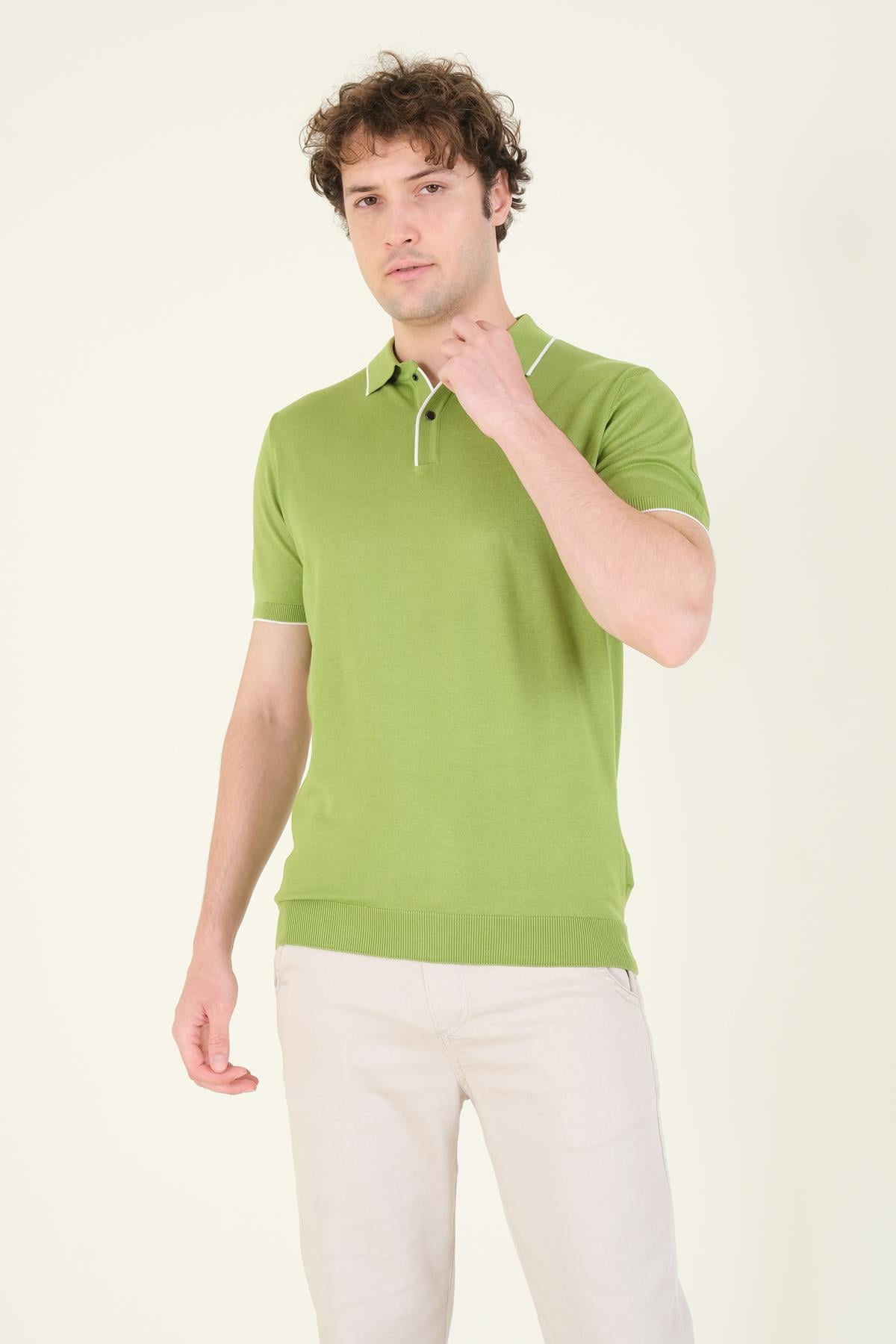 Erkek Çıtçıtlı Yaka Biyeli Merserize T-Shirt Yeşil