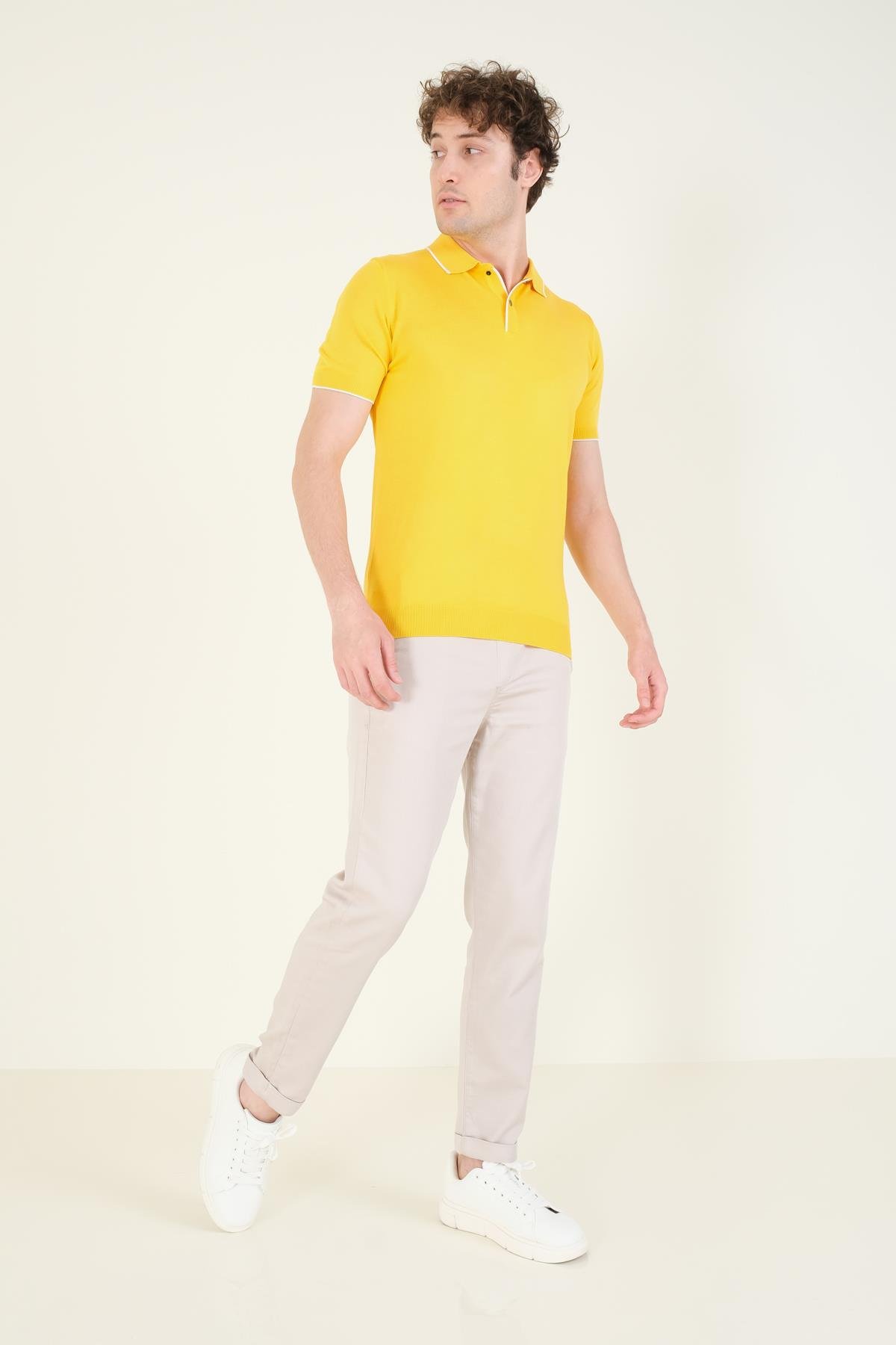 Erkek Çıtçıtlı Yaka Biyeli Merserize T-Shirt Sarı