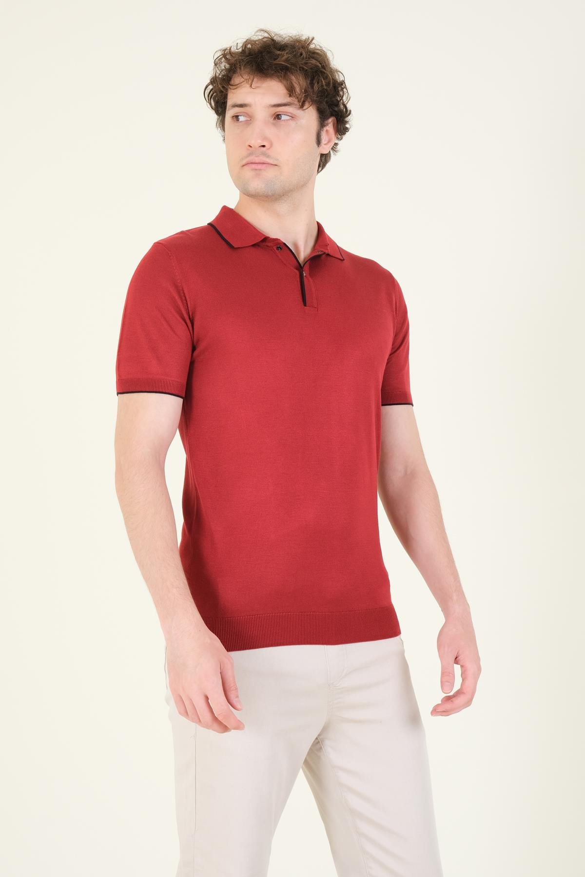 Erkek Çıtçıtlı Yaka Biyeli Merserize T-Shirt Bordo