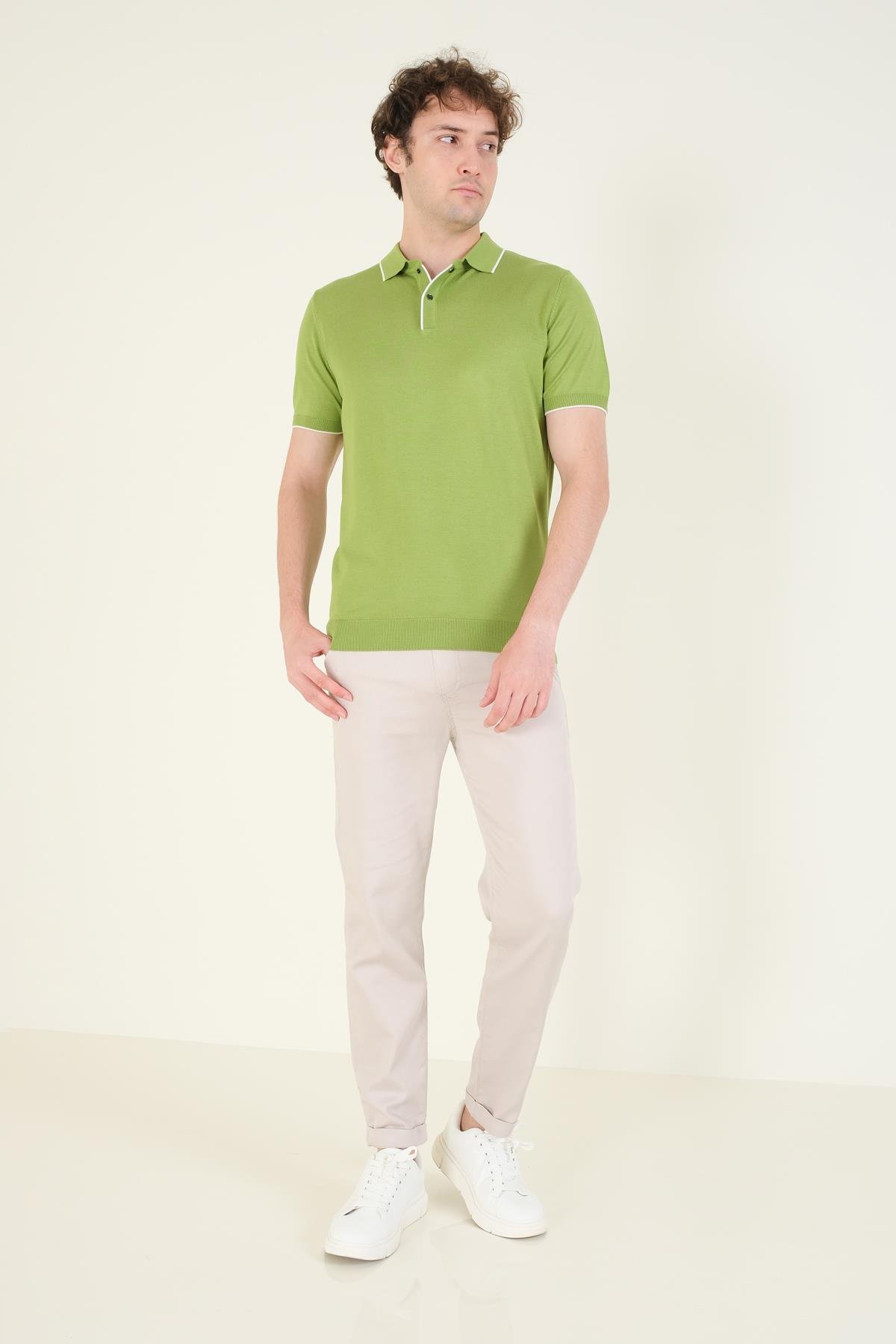 Erkek Çıtçıtlı Yaka Biyeli Merserize T-Shirt Yeşil