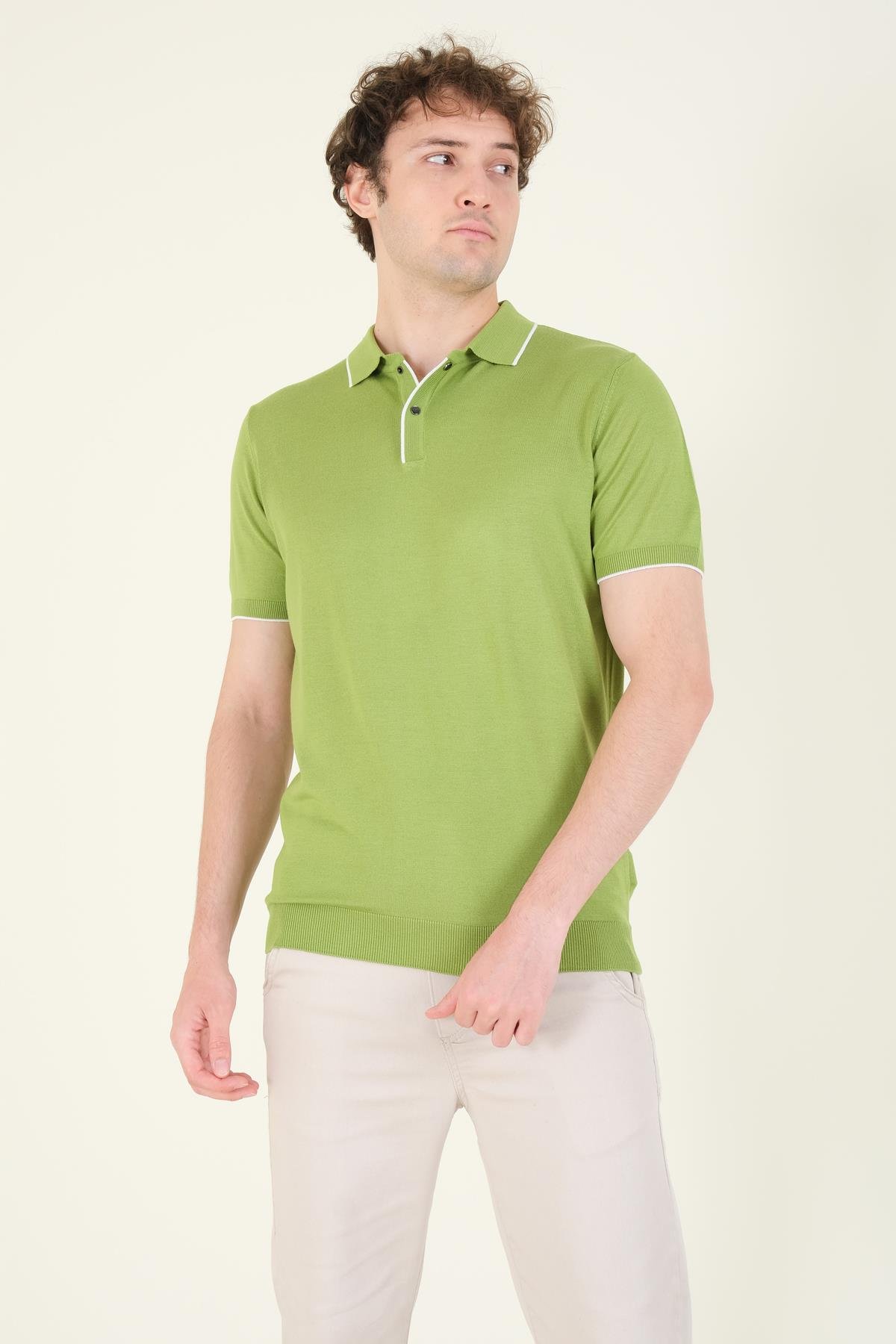 Erkek Çıtçıtlı Yaka Biyeli Merserize T-Shirt Yeşil