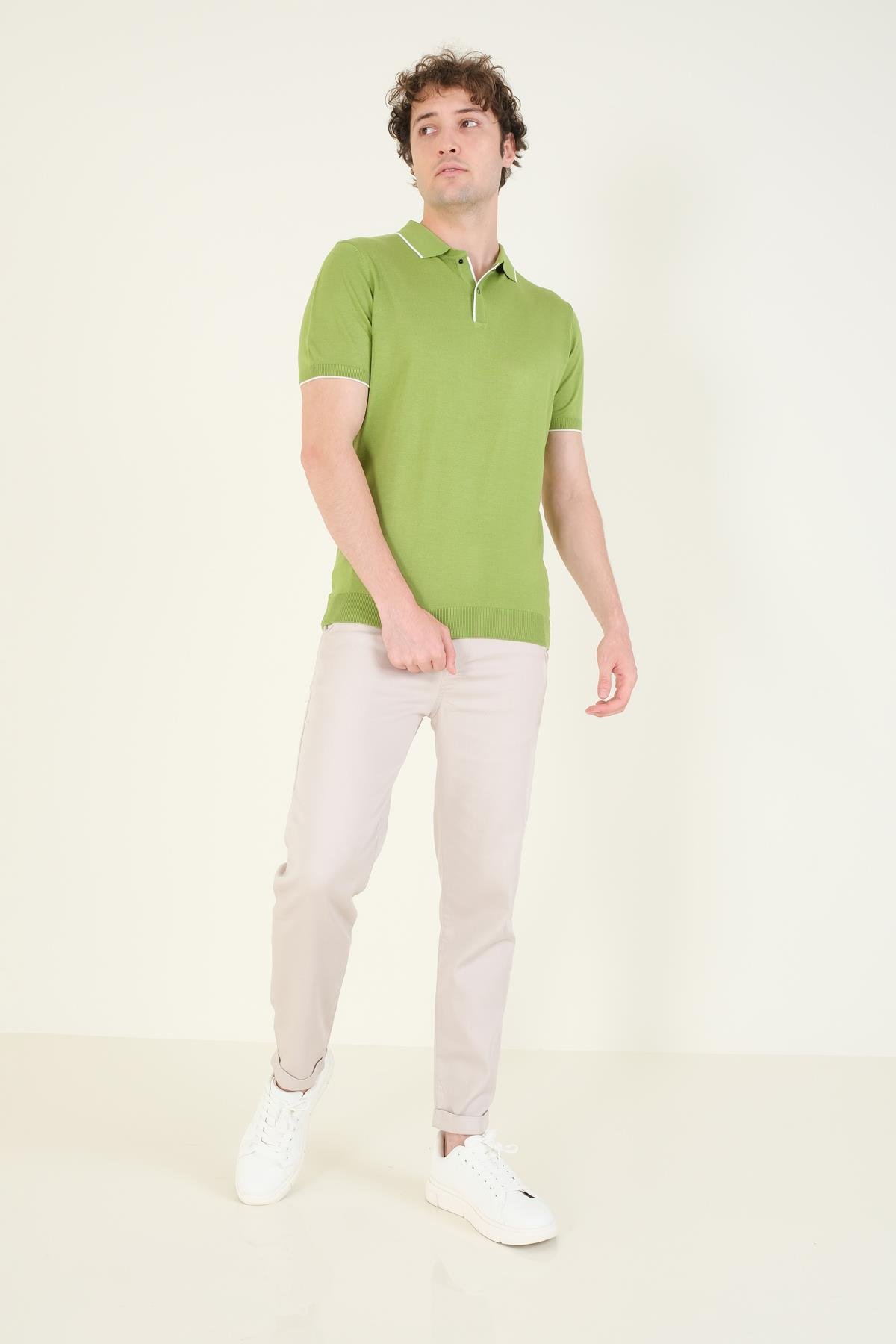 Erkek Çıtçıtlı Yaka Biyeli Merserize T-Shirt Yeşil