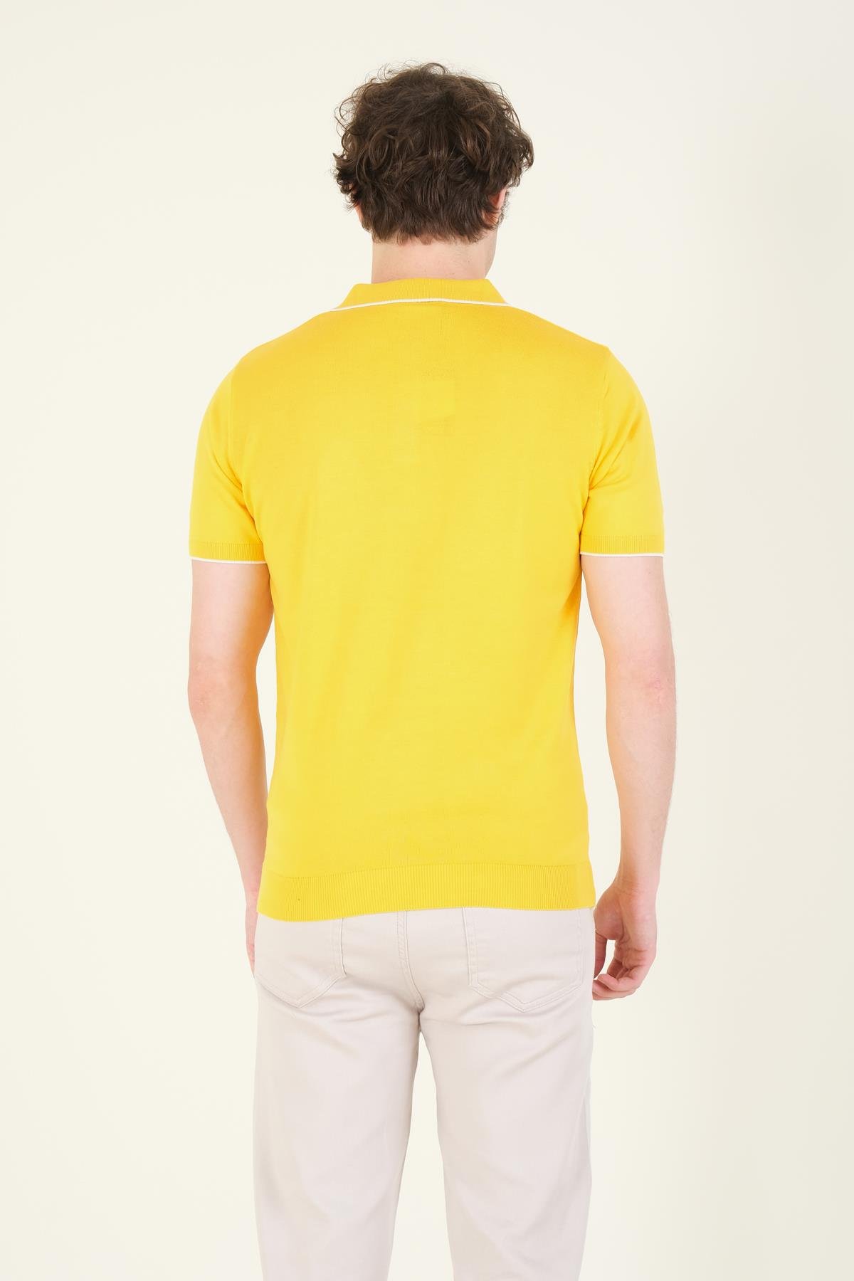 Erkek Çıtçıtlı Yaka Biyeli Merserize T-Shirt Sarı
