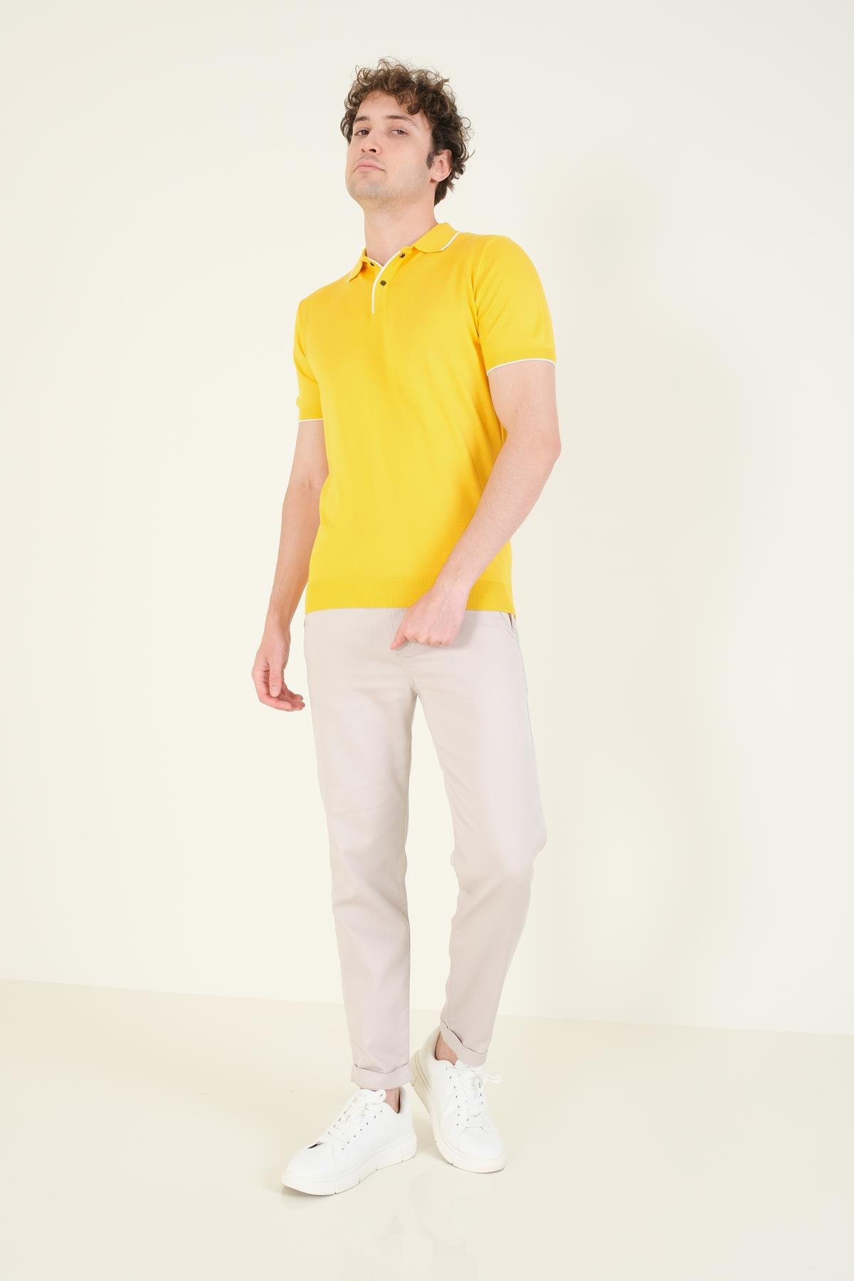 Erkek Çıtçıtlı Yaka Biyeli Merserize T-Shirt Sarı