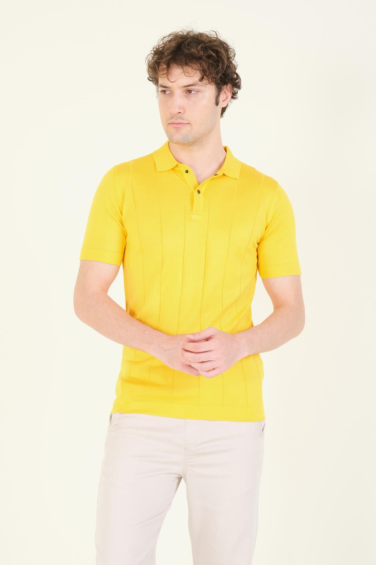 Erkek Çizgili Polo Yaka Merserize T-Shirt Sarı