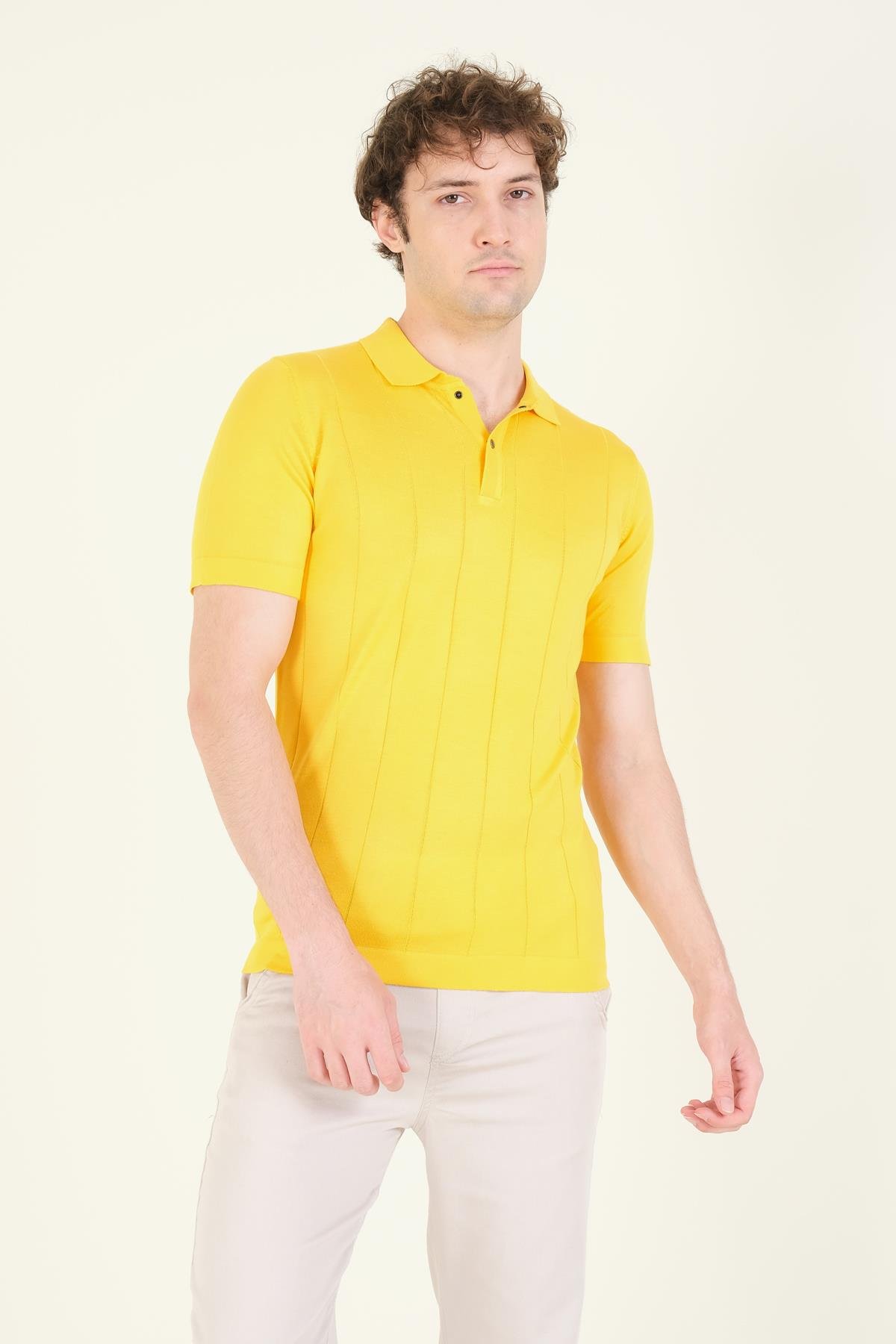 Erkek Çizgili Polo Yaka Merserize T-Shirt Sarı
