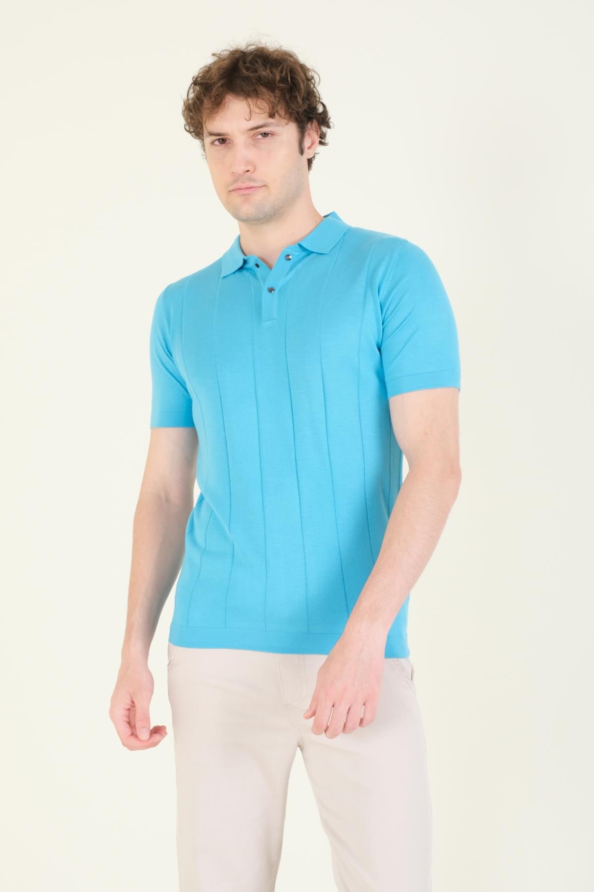 Erkek Çizgili Polo Yaka Merserize T-Shirt Mavi