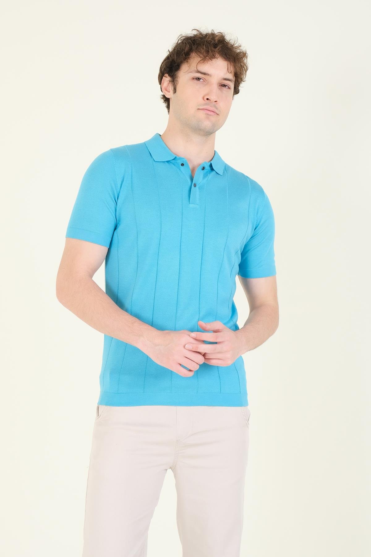 Erkek Çizgili Polo Yaka Merserize T-Shirt Mavi