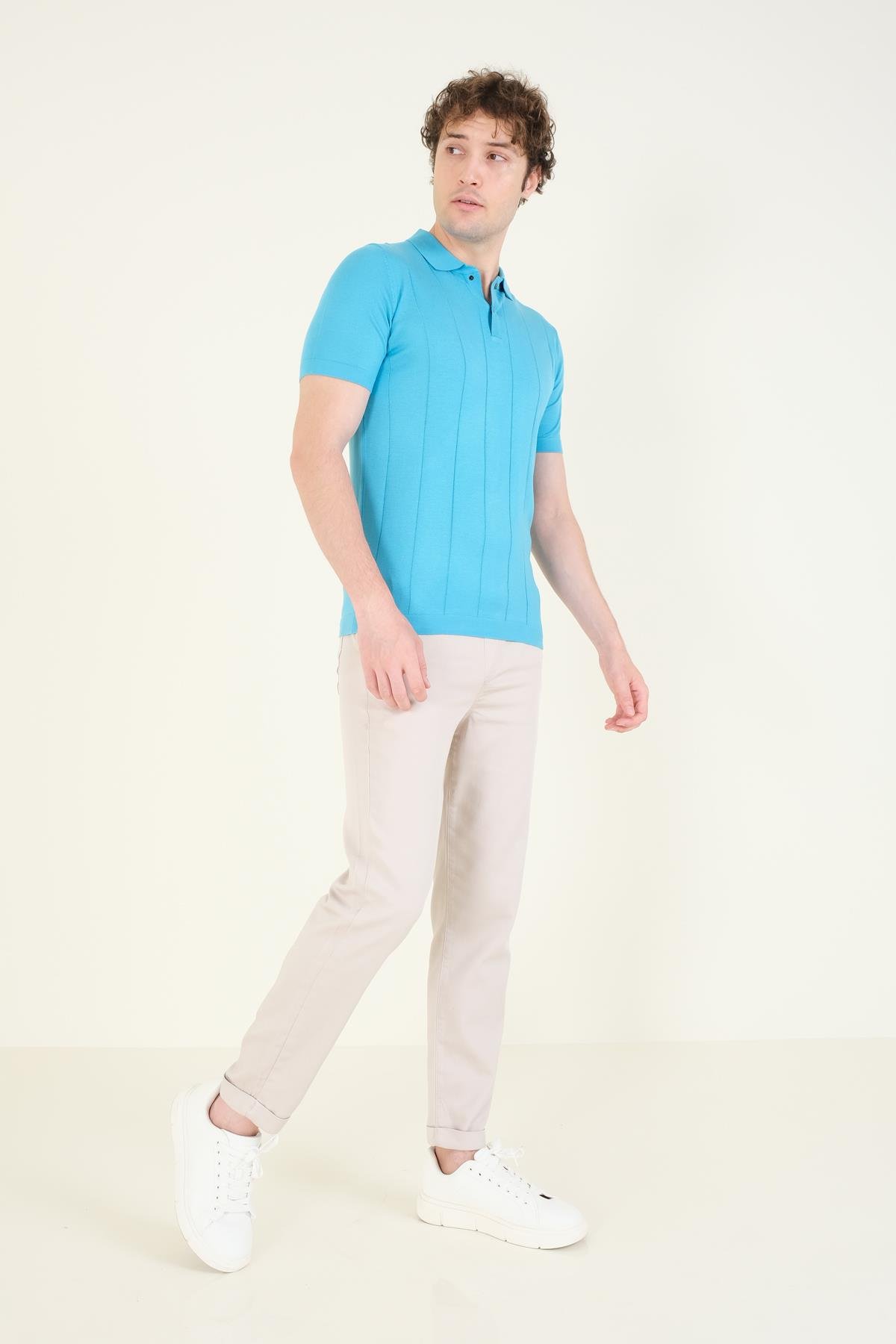 Erkek Çizgili Polo Yaka Merserize T-Shirt Mavi