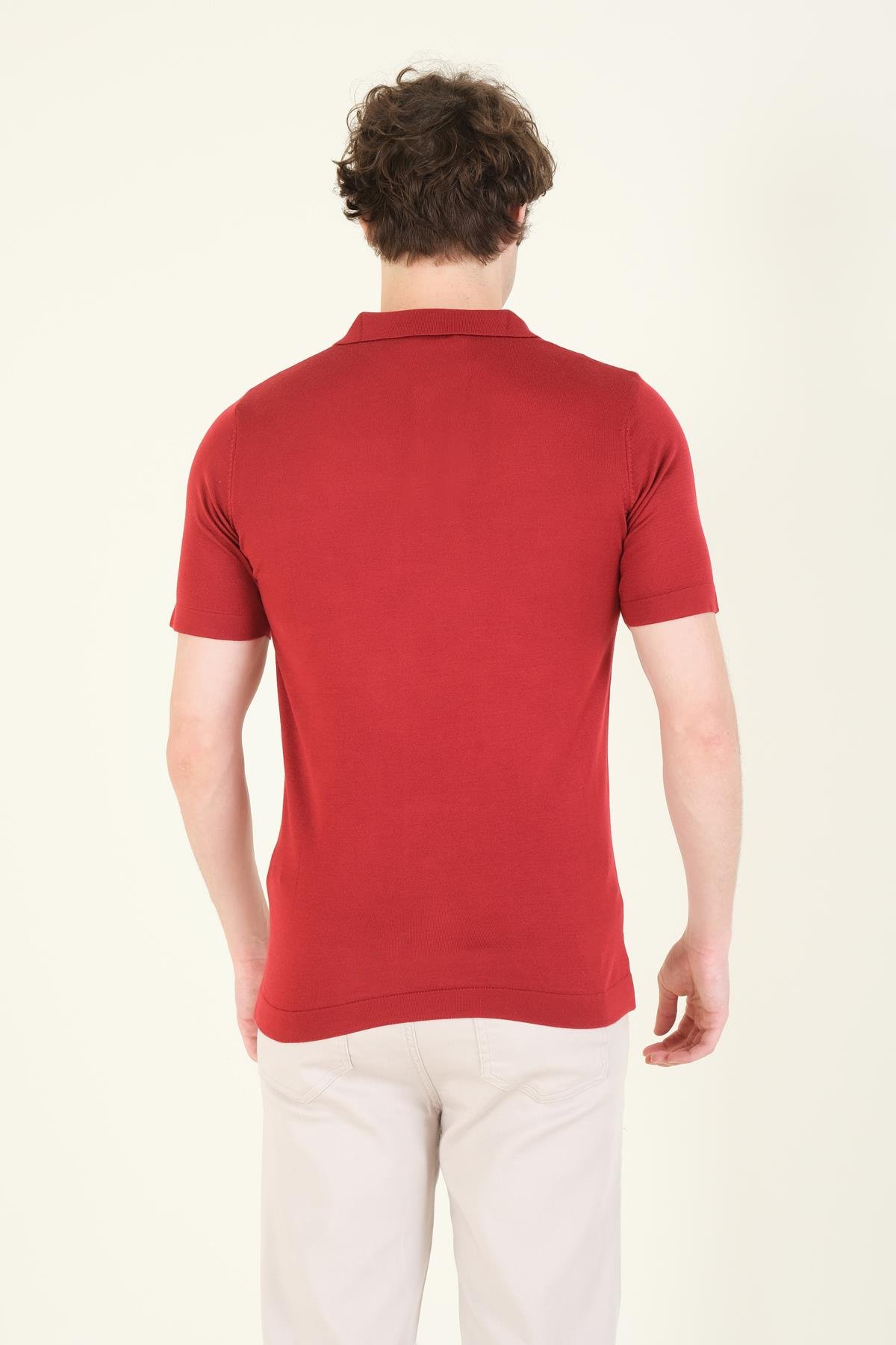 Erkek Çizgili Polo Yaka Merserize T-Shirt Bordo