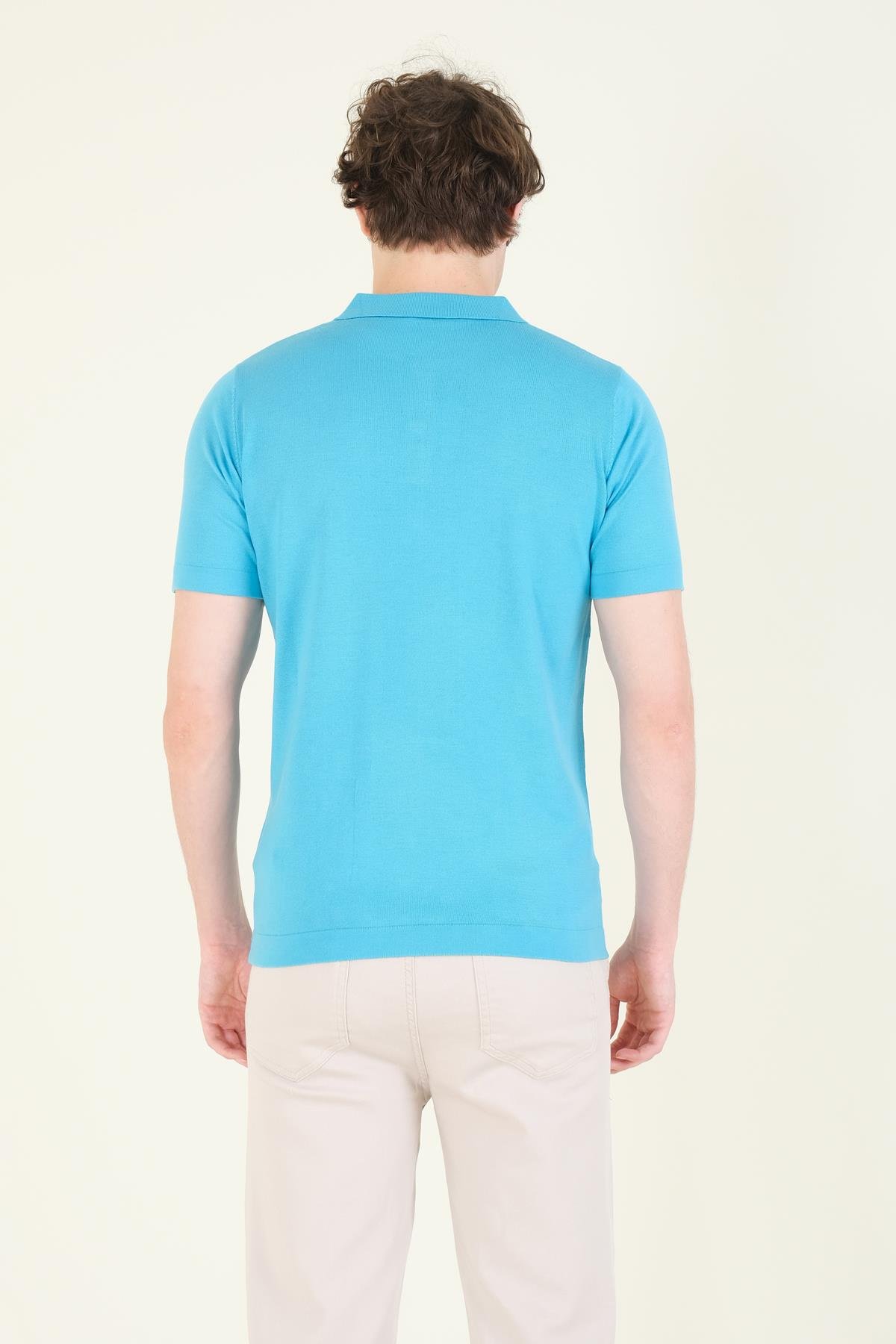 Erkek Çizgili Polo Yaka Merserize T-Shirt Mavi