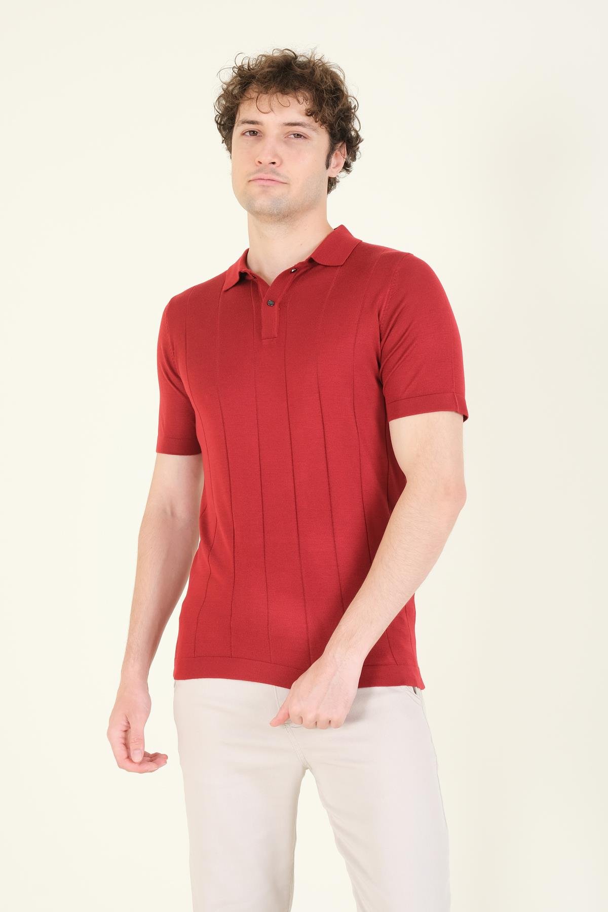 Erkek Çizgili Polo Yaka Merserize T-Shirt Bordo