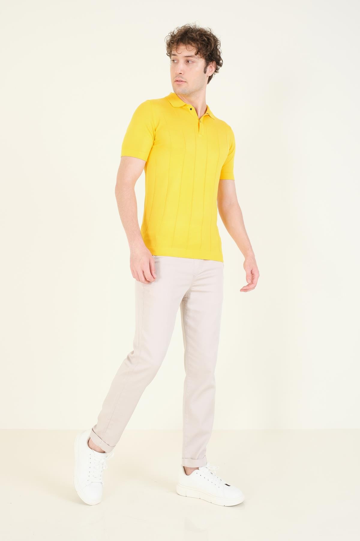 Erkek Çizgili Polo Yaka Merserize T-Shirt Sarı