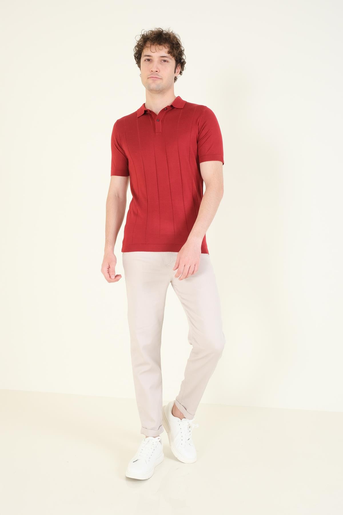 Erkek Çizgili Polo Yaka Merserize T-Shirt Bordo