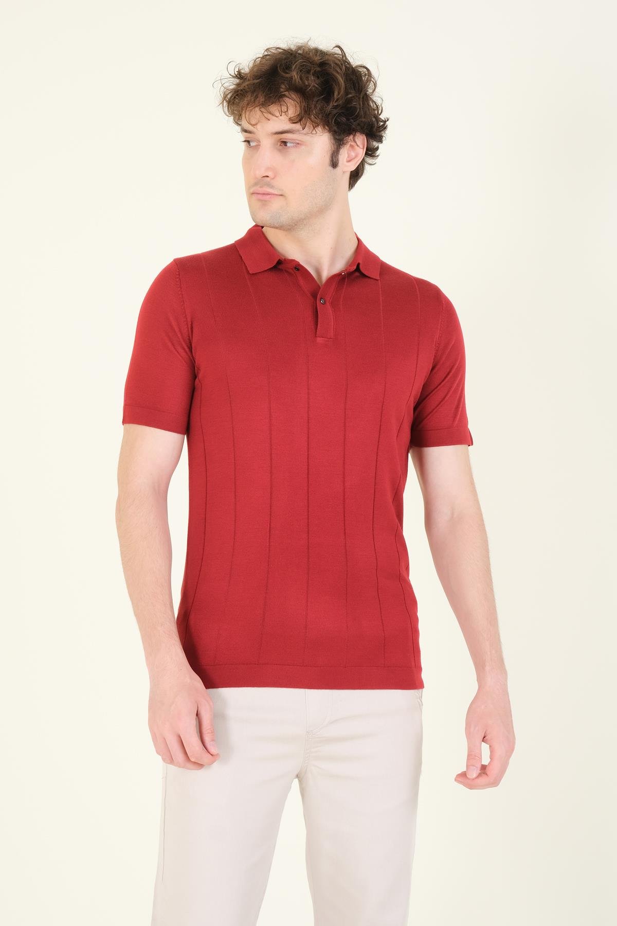 Erkek Çizgili Polo Yaka Merserize T-Shirt Bordo