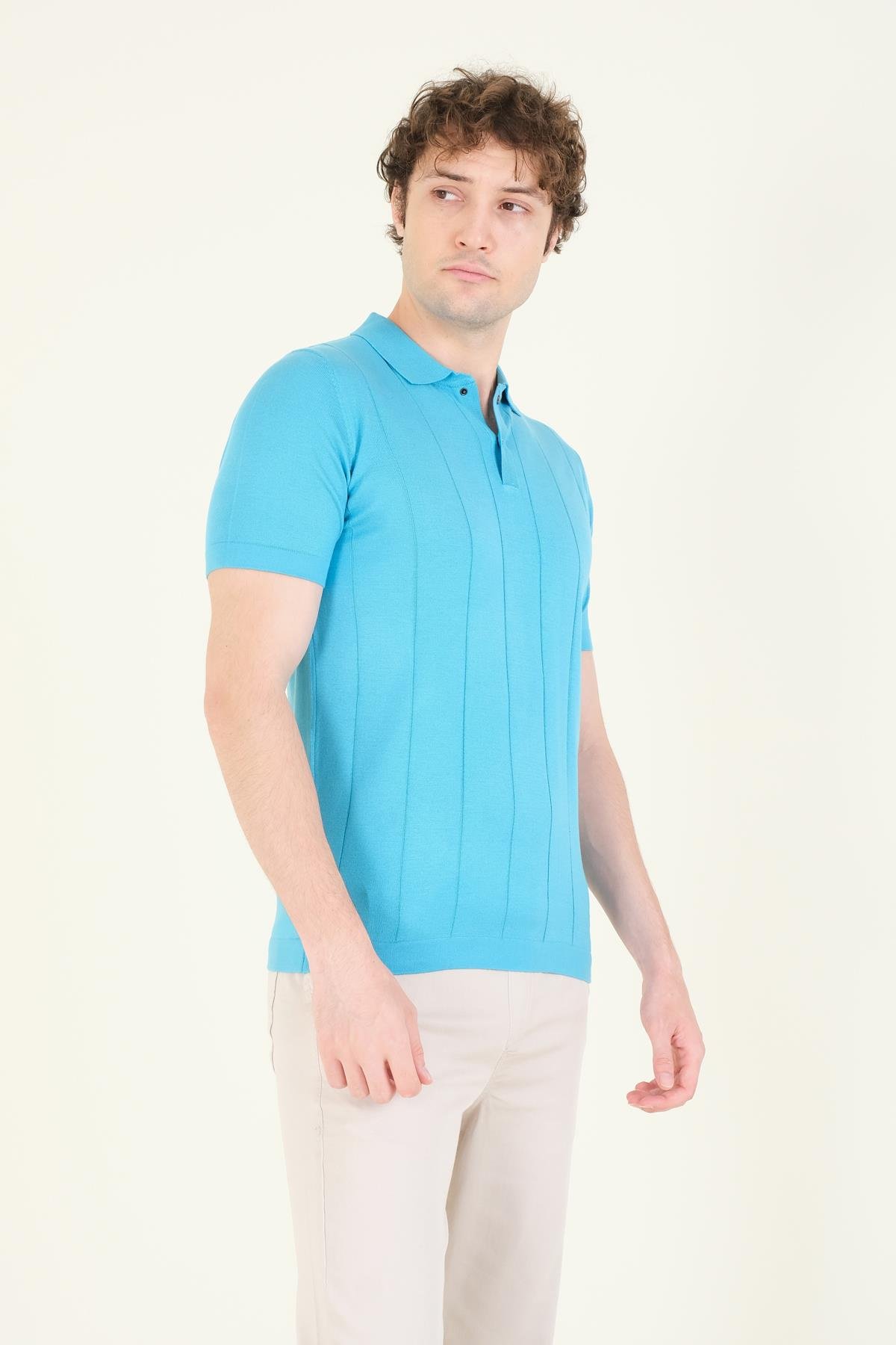 Erkek Çizgili Polo Yaka Merserize T-Shirt Mavi