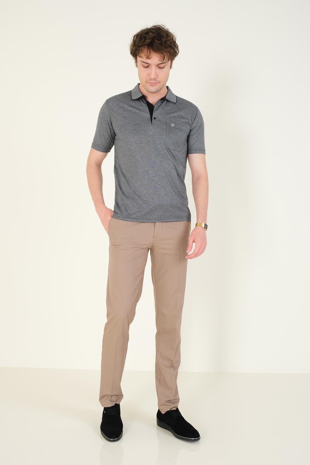 Erkek Desenli Cepli Polo Yaka T-Shirt Siyah