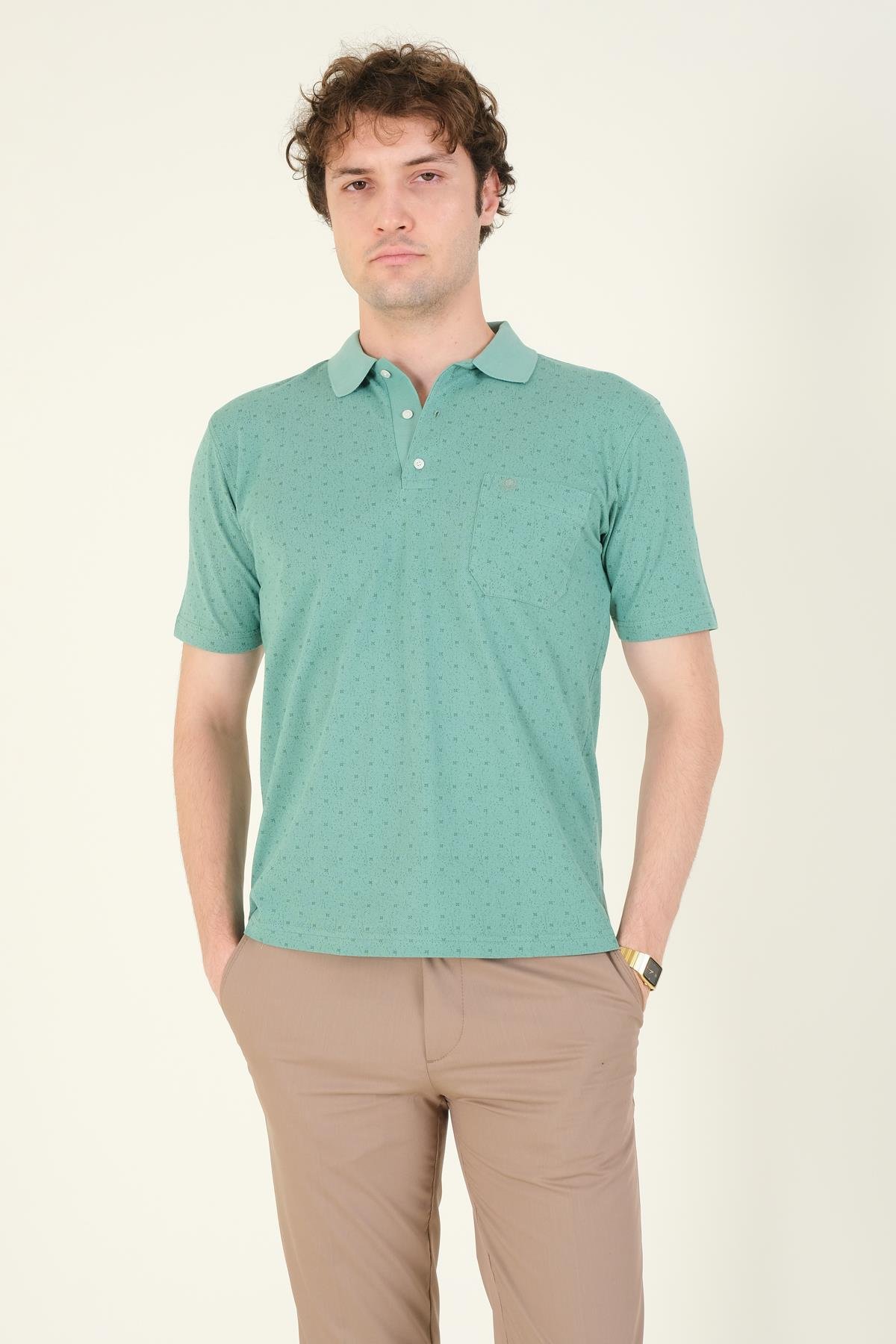 Erkek Desenli Cepli Polo Yaka T-Shirt Mint