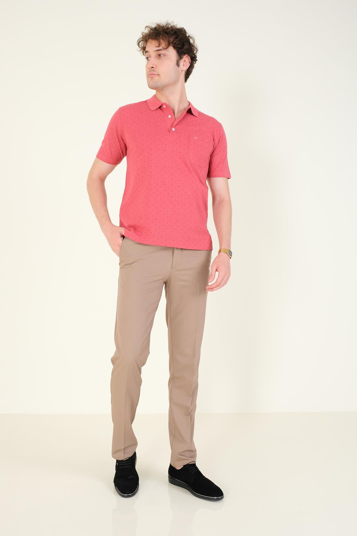 Erkek Desenli Cepli Polo Yaka T-Shirt Gül