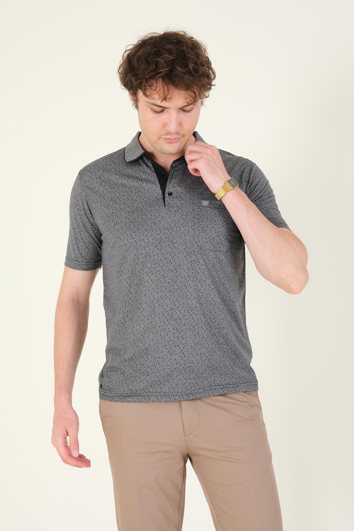 Erkek Desenli Cepli Polo Yaka T-Shirt Siyah