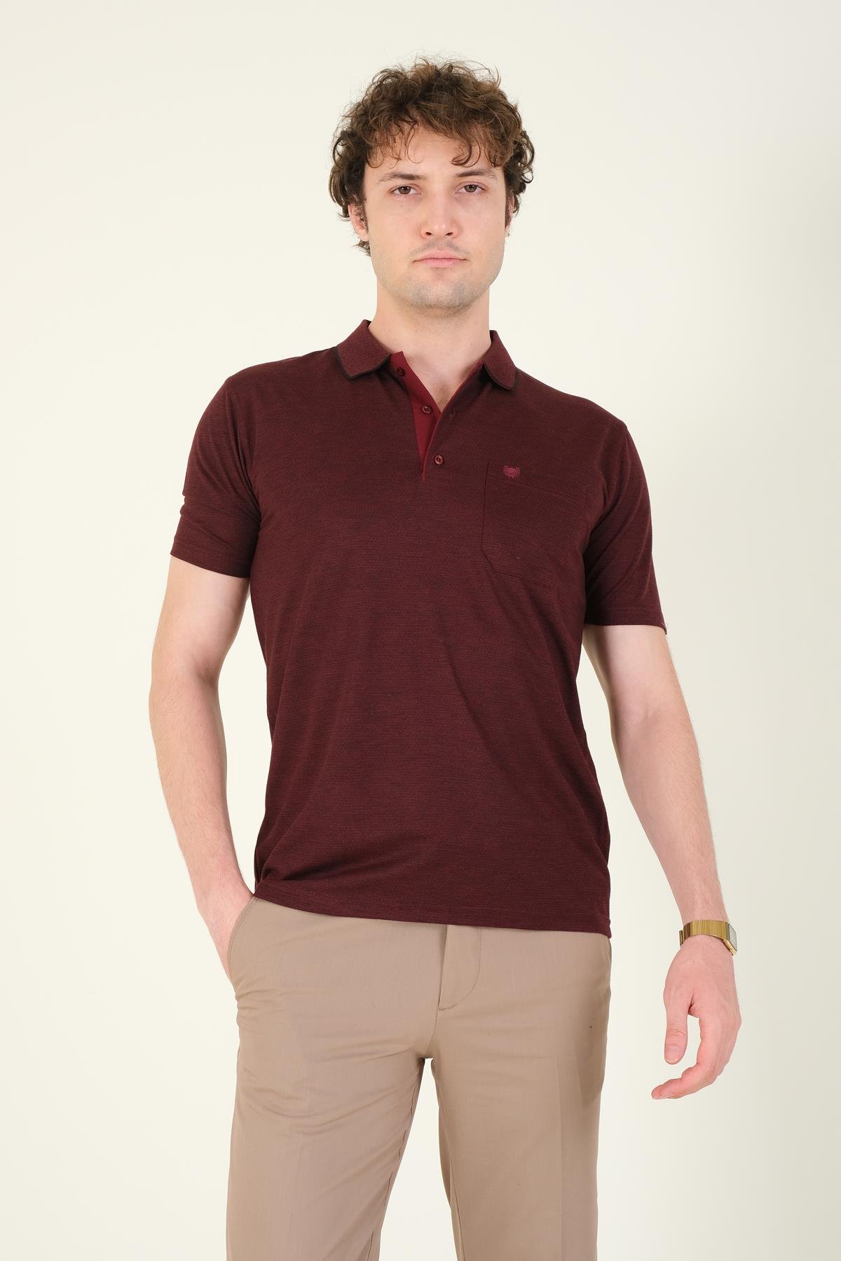 Erkek Desenli Cepli  Polo Yaka T-Shirt Bordo