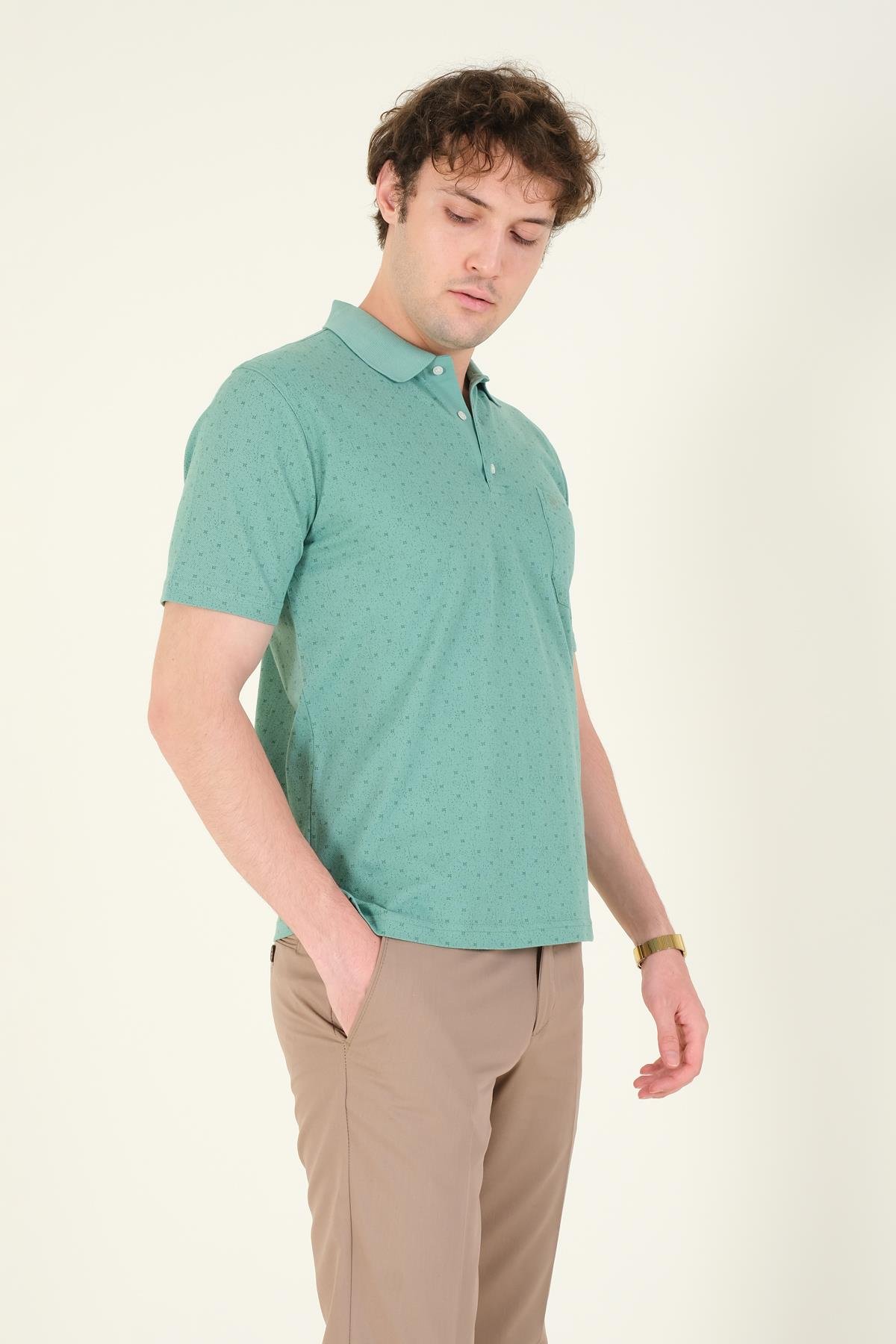 Erkek Desenli Cepli Polo Yaka T-Shirt Mint
