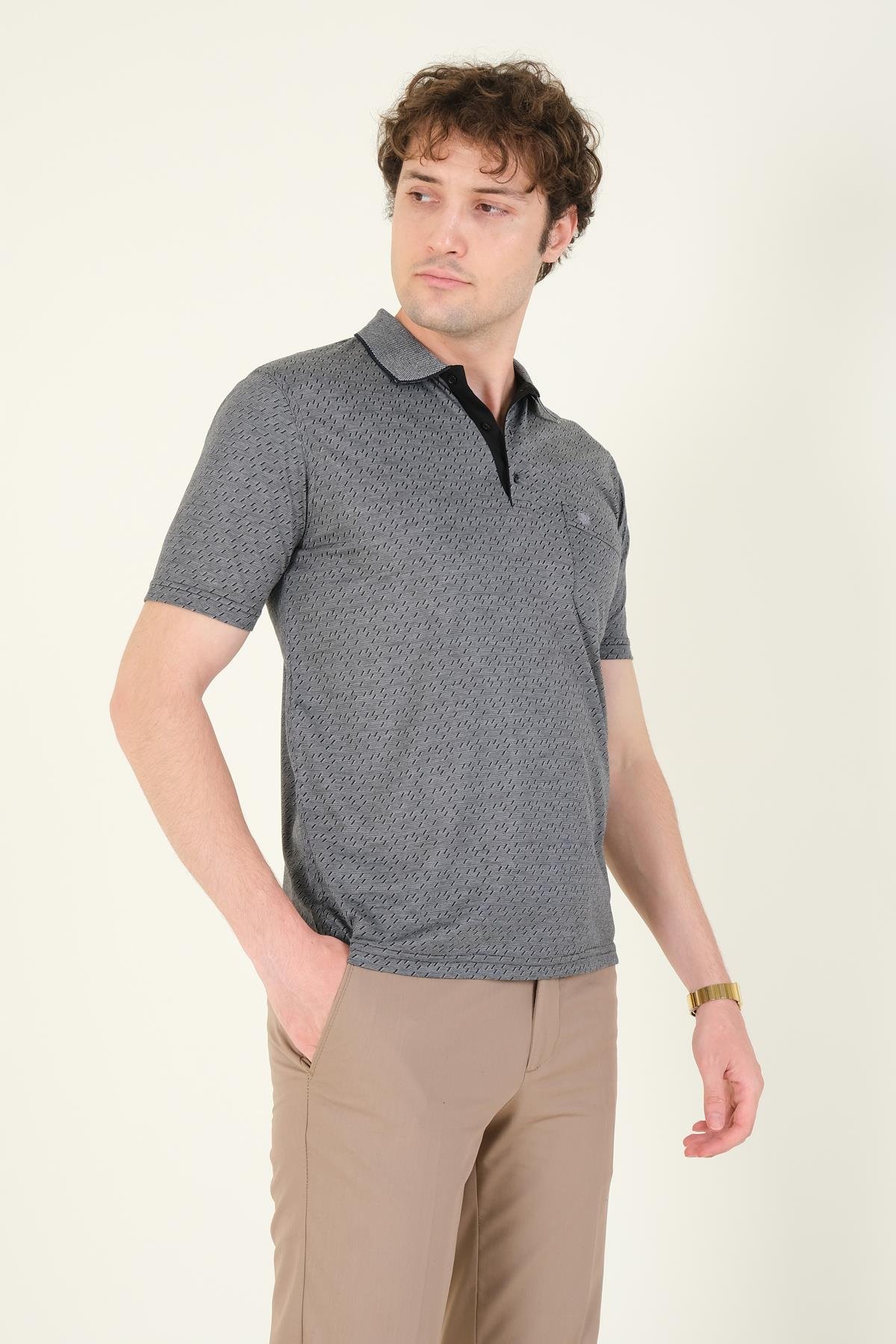 Erkek Desenli Cepli Polo Yaka T-Shirt Siyah