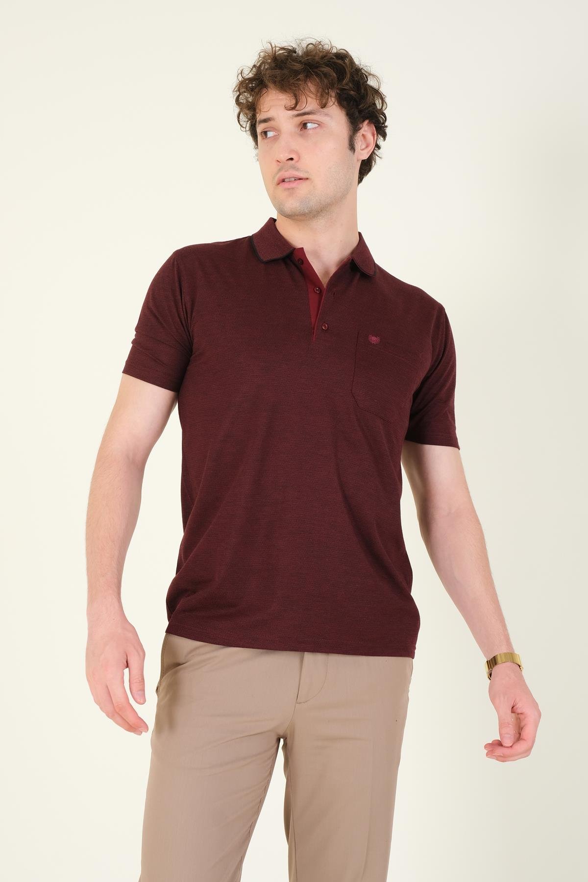 Erkek Desenli Cepli  Polo Yaka T-Shirt Bordo