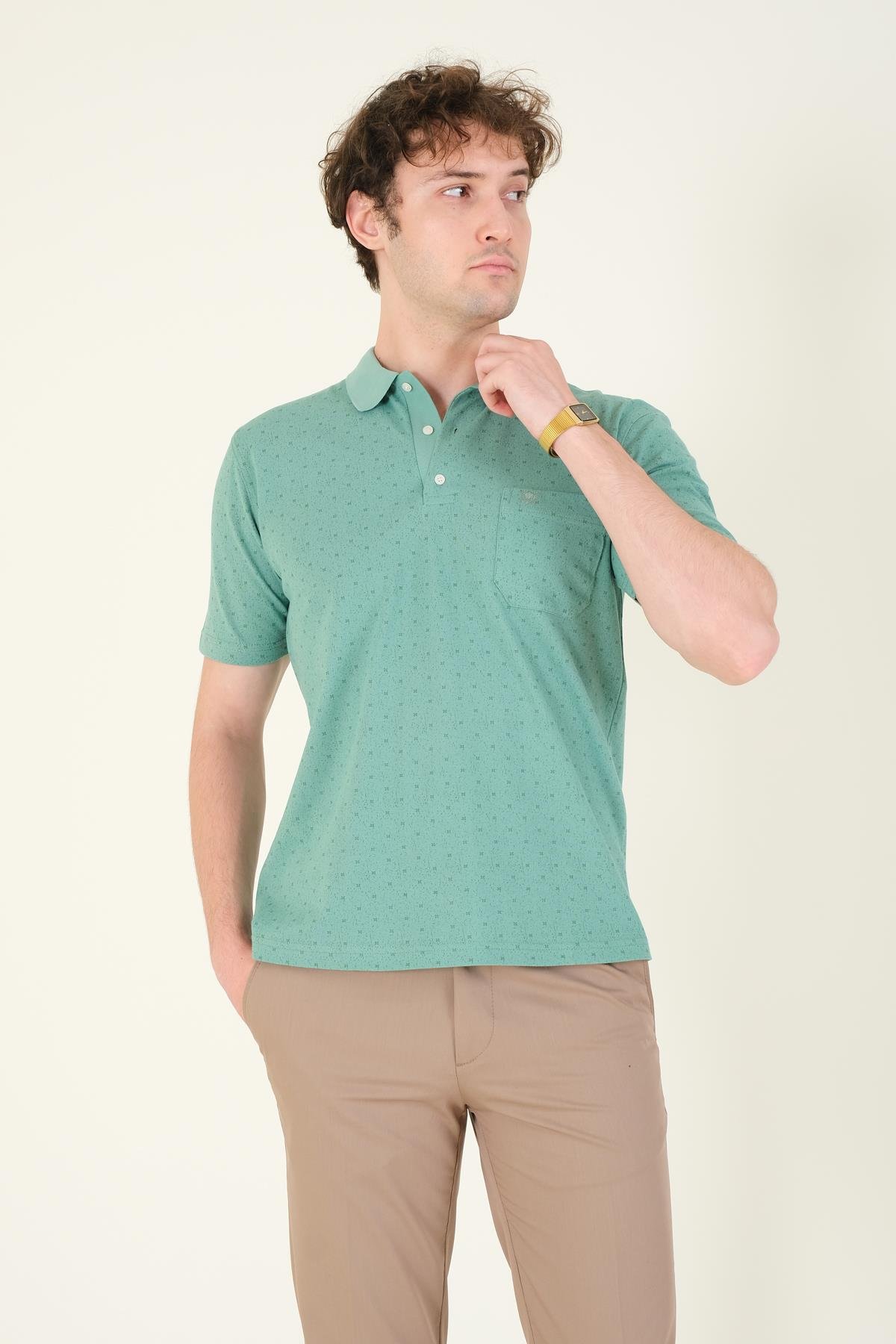 Erkek Desenli Cepli Polo Yaka T-Shirt Mint