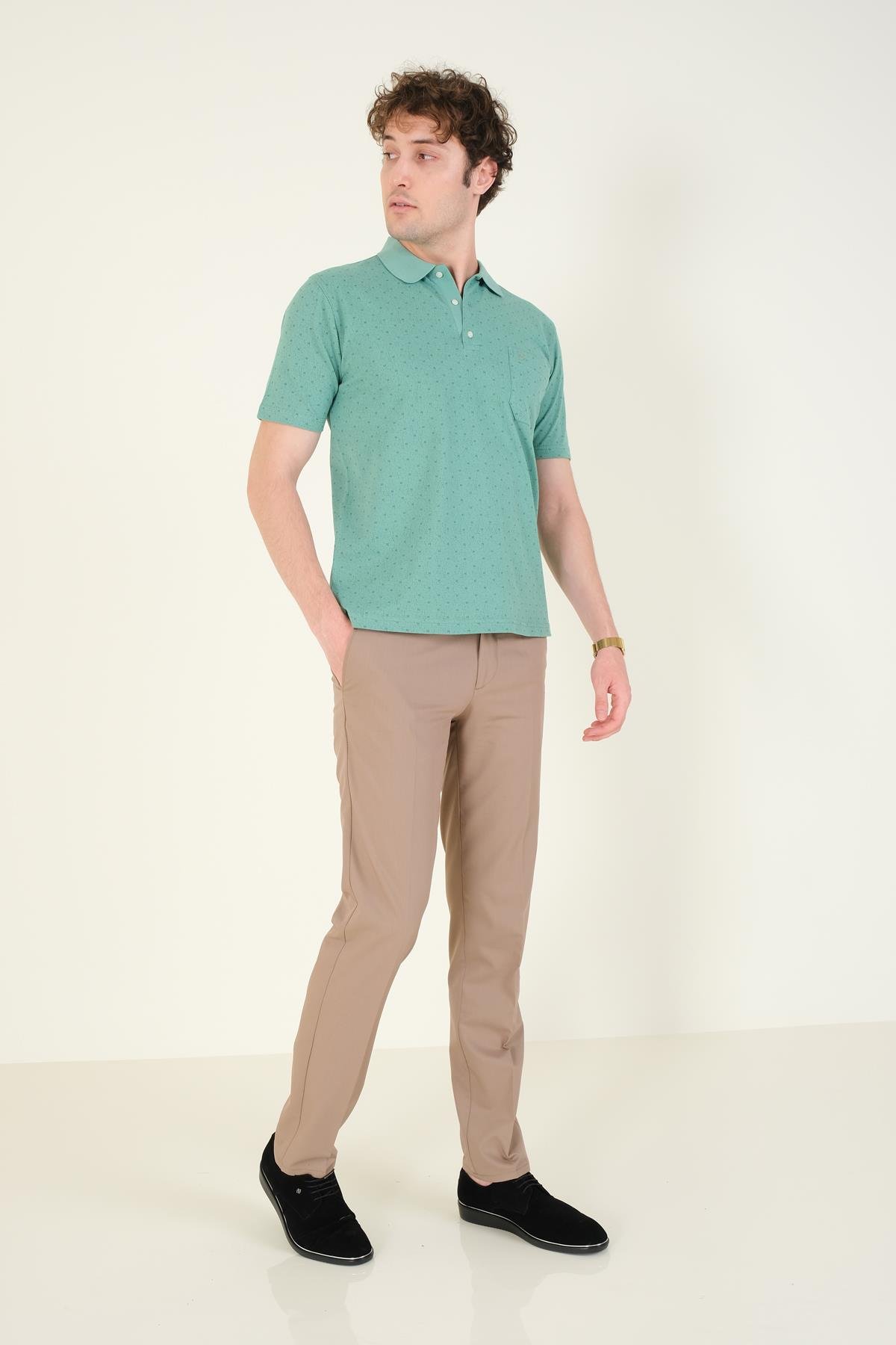 Erkek Desenli Cepli Polo Yaka T-Shirt Mint
