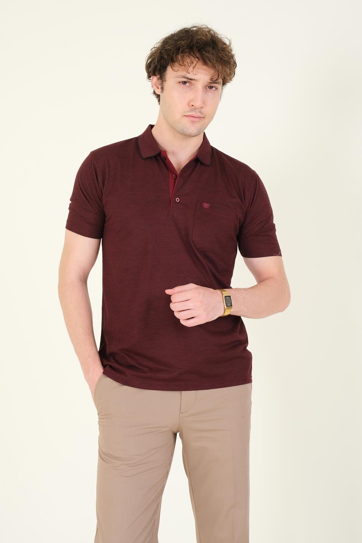 Erkek Desenli Cepli  Polo Yaka T-Shirt Bordo