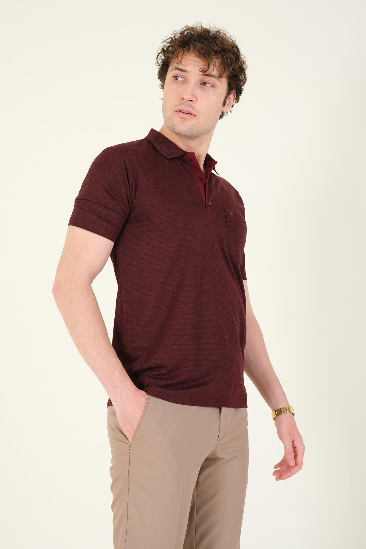 Erkek Desenli Cepli  Polo Yaka T-Shirt Bordo